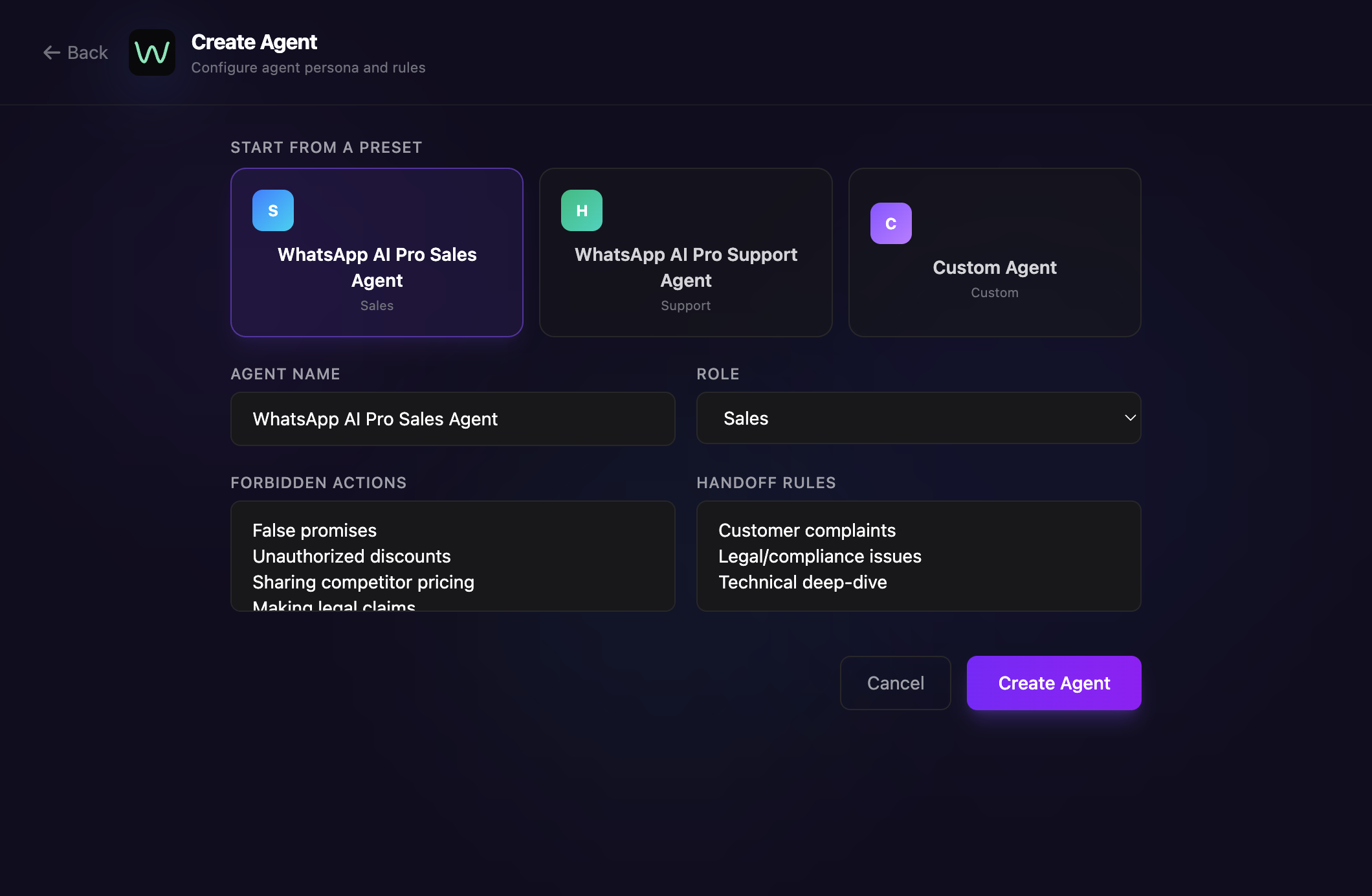 Create AI agent — choose preset templates, set role and handoff rules