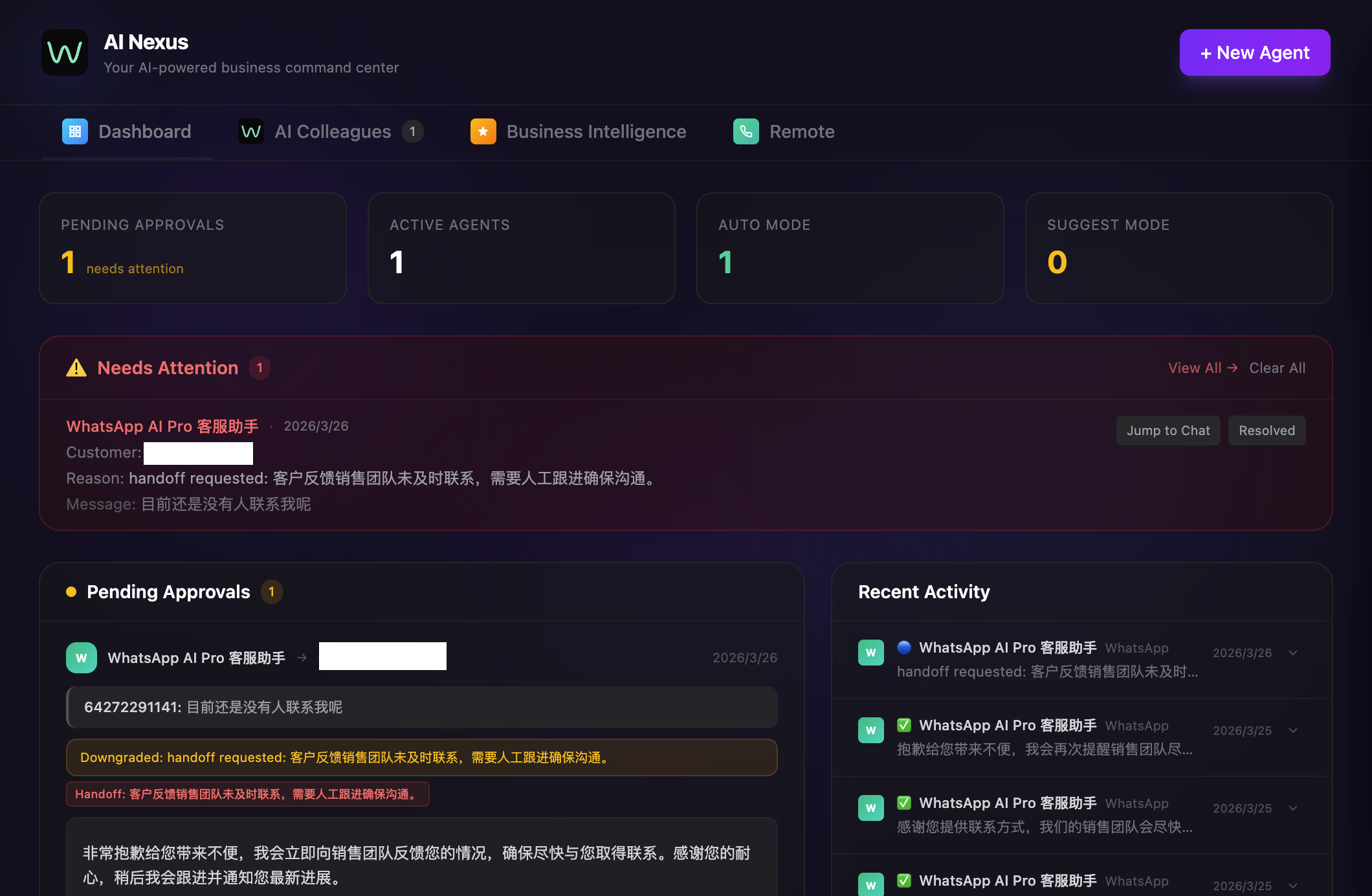 AI Hub dashboard — monitor all AI agents and conversation analytics