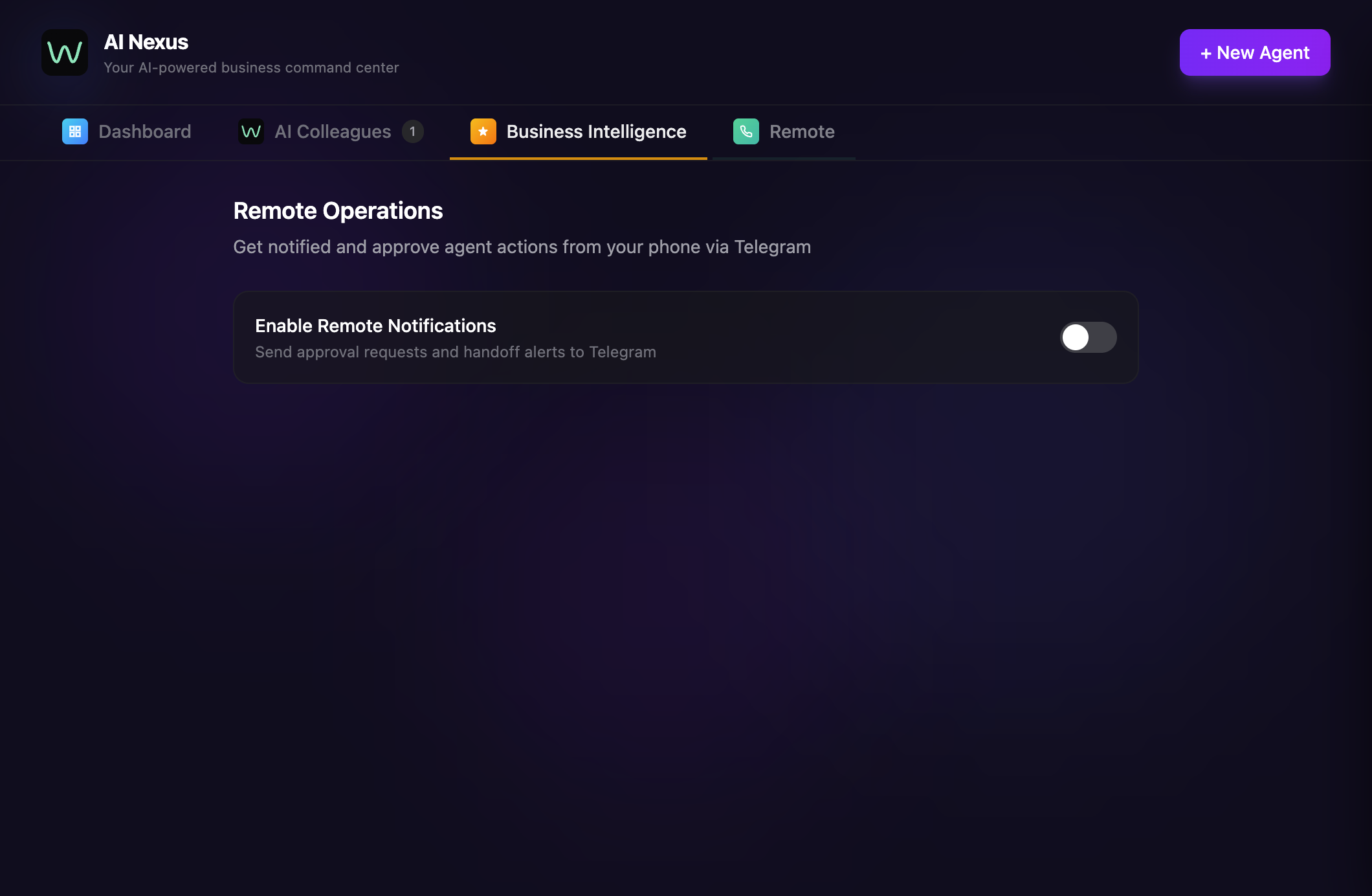 Business Intelligence tab showing Remote Operations and Telegram notification settings