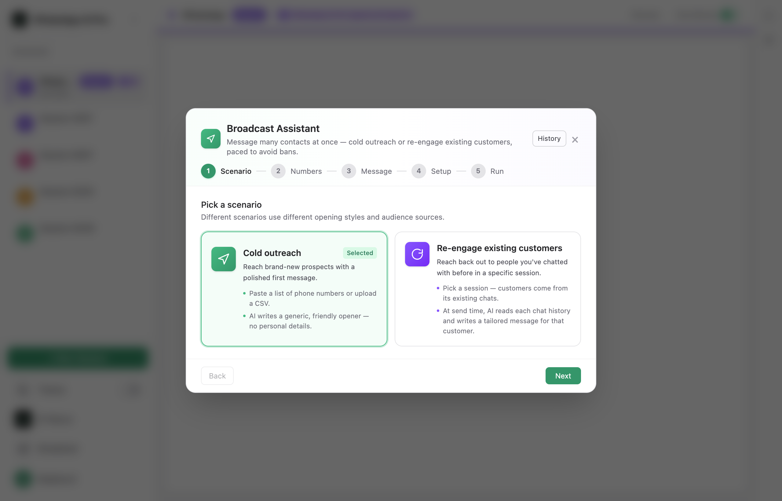 Two broadcast scenarios in WhatsApp AI Pro