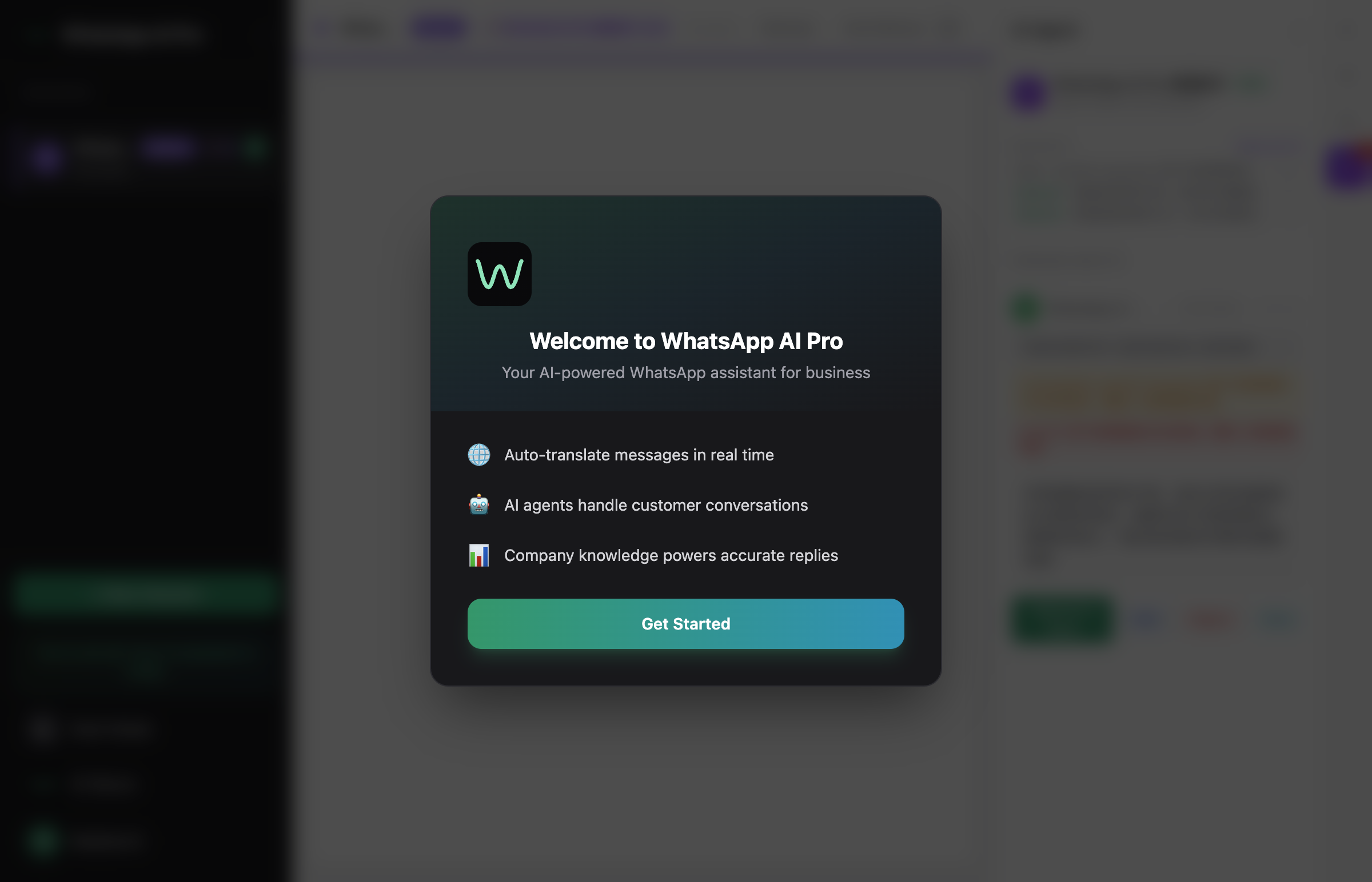 WhatsApp AI Pro welcome screen — scan a QR code to connect, the same flow as WhatsApp Web