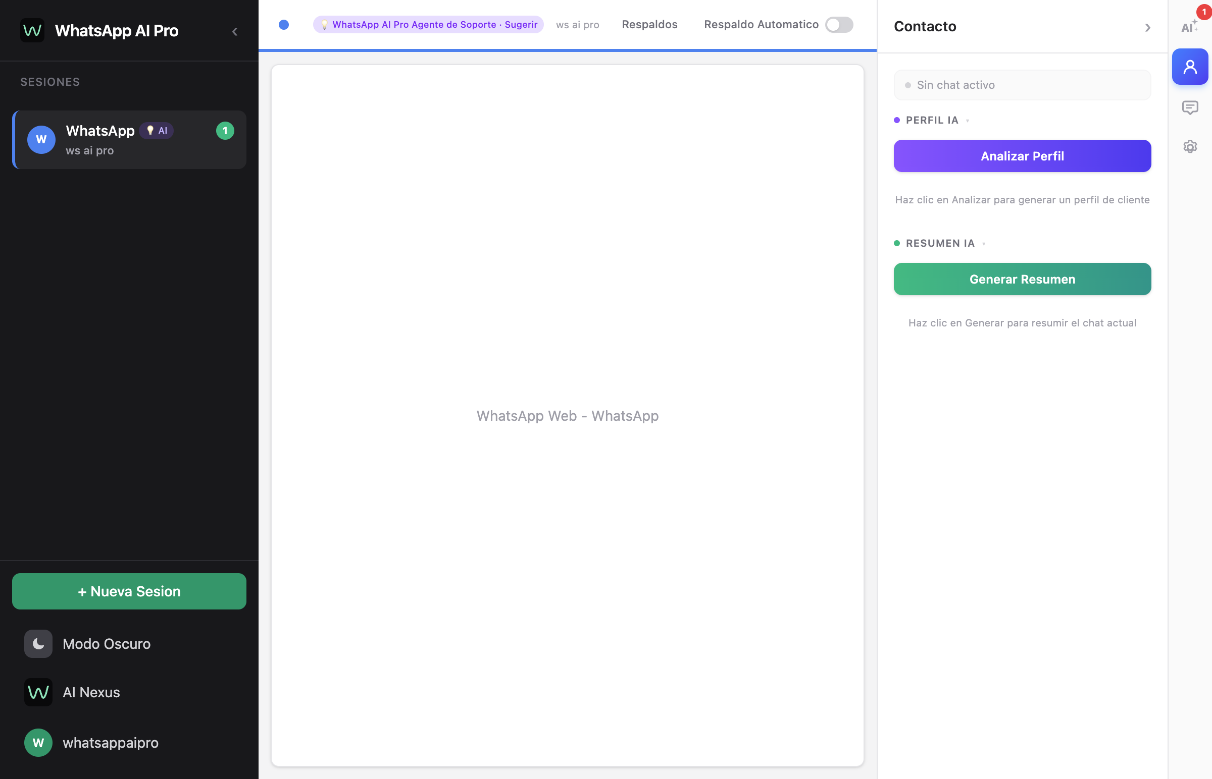 Interfaz principal de WhatsApp AI Pro con la lista de conversaciones, las sesiones de la barra lateral y el panel de contacto