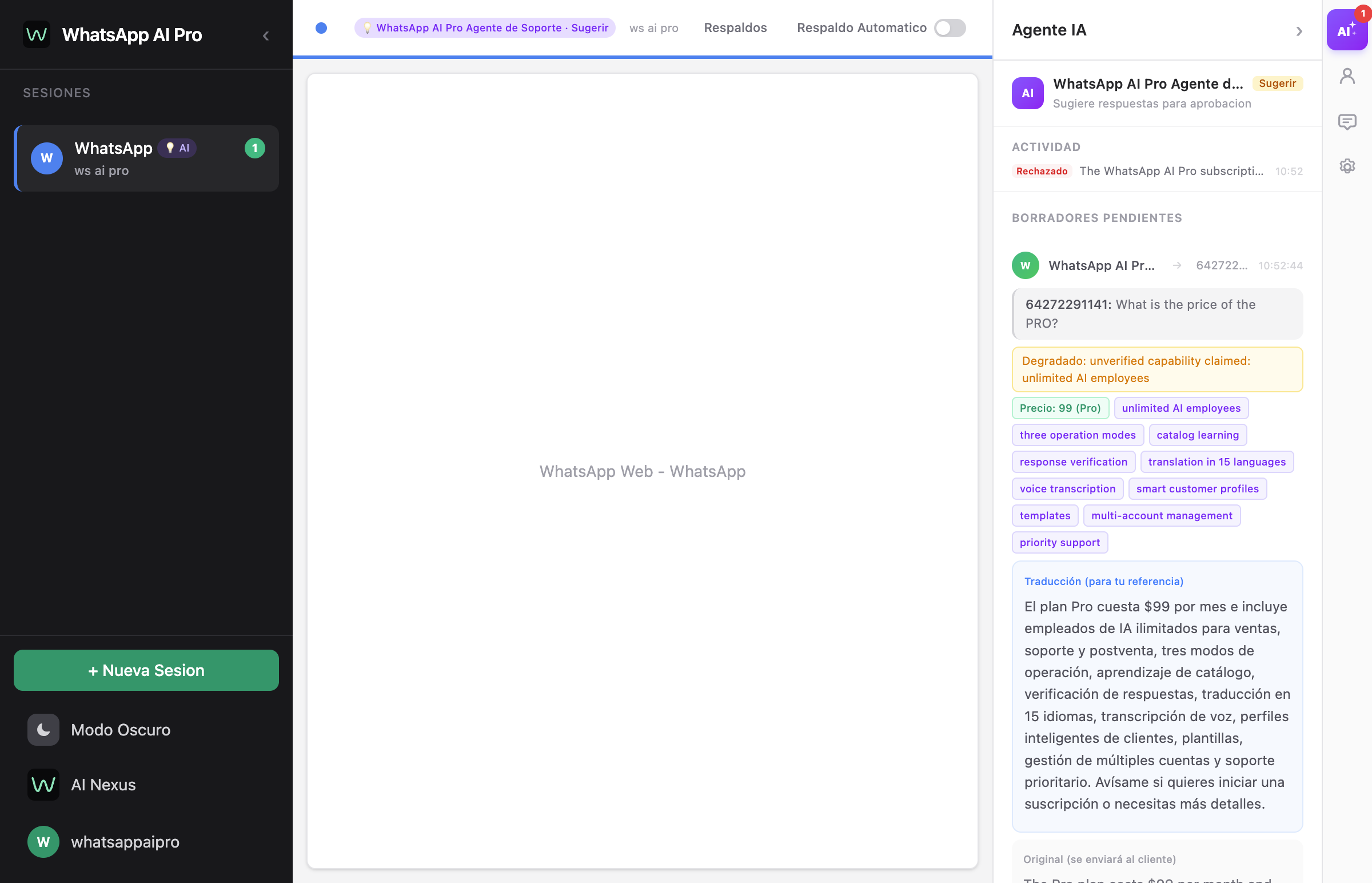 Configuración del agente de IA en WhatsApp AI Pro