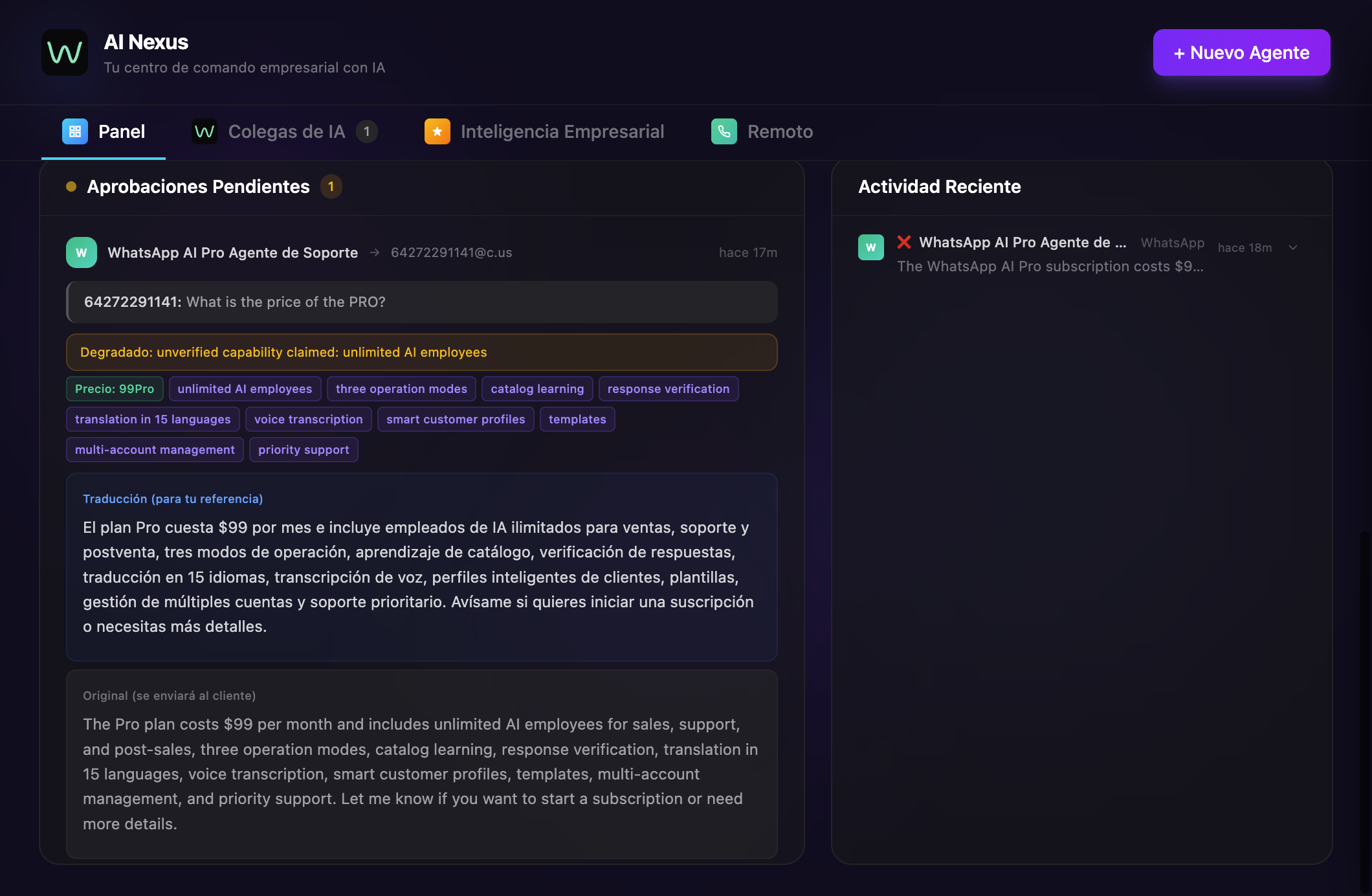 Panel del AI Hub con datos de tu negocio