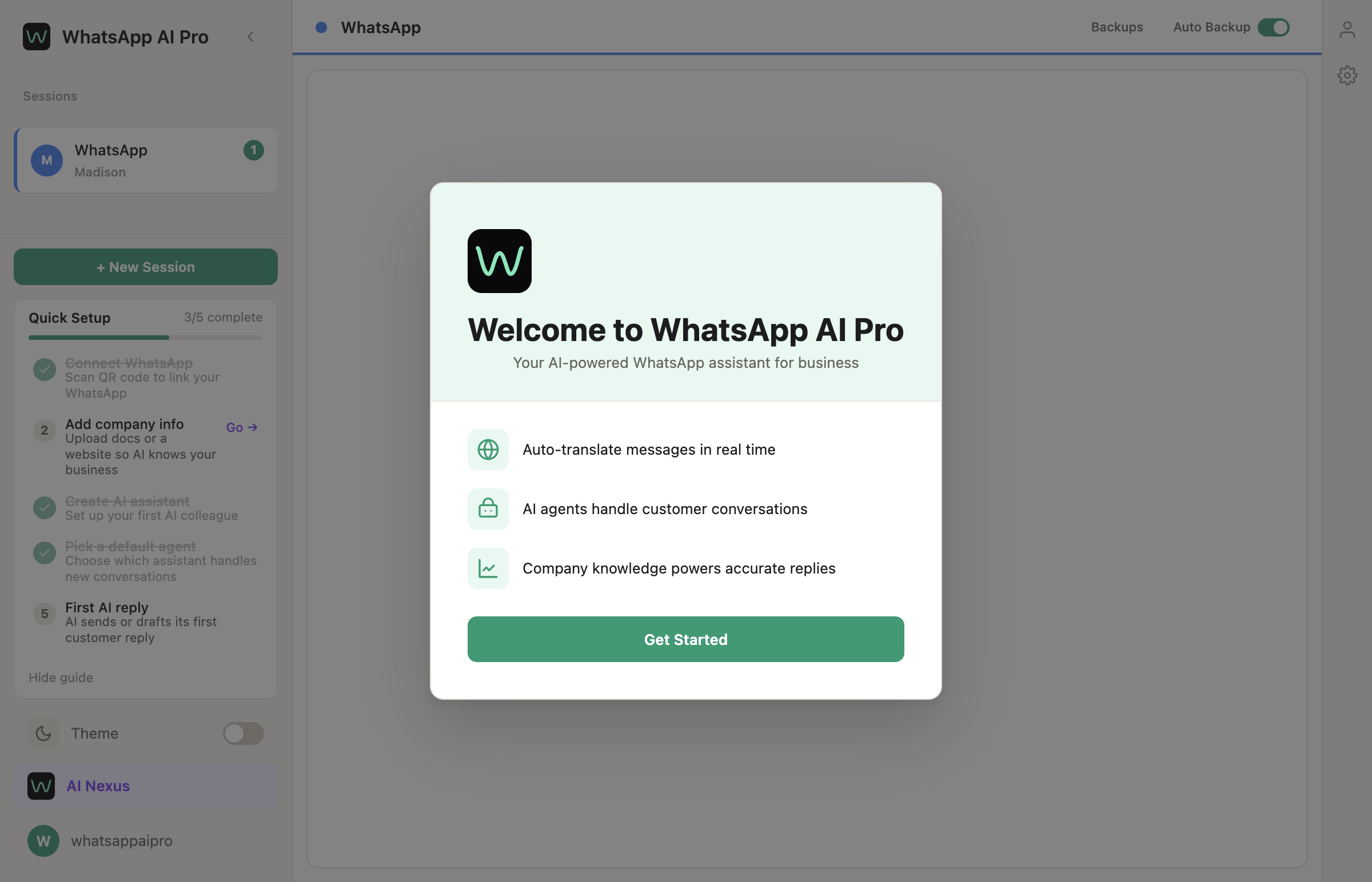 First-launch welcome screen with the Quick Setup checklist visible in the left sidebar