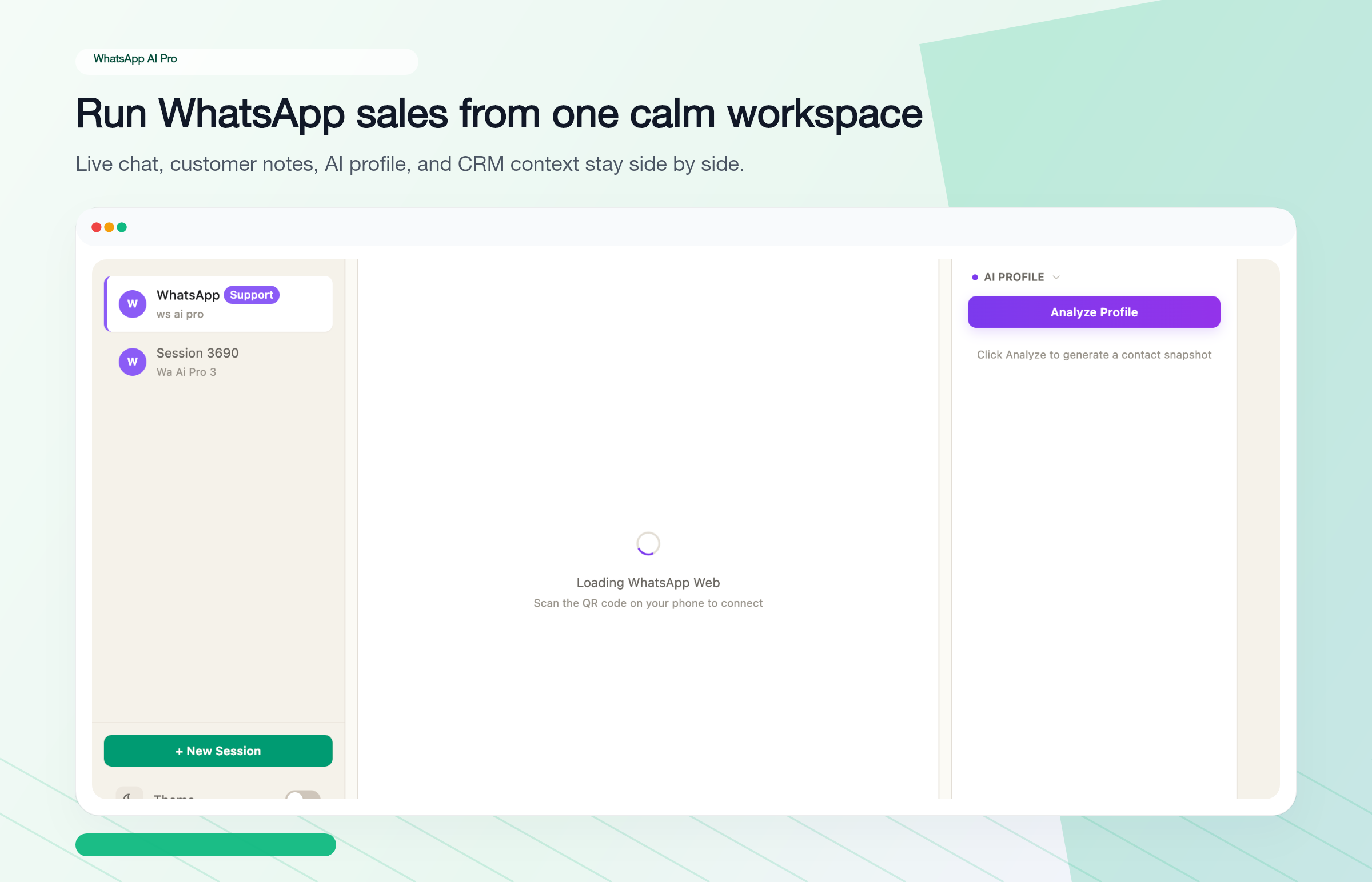 Main window after linking — sidebar shows the connected session, chat list in the middle, AI profile panel on the right