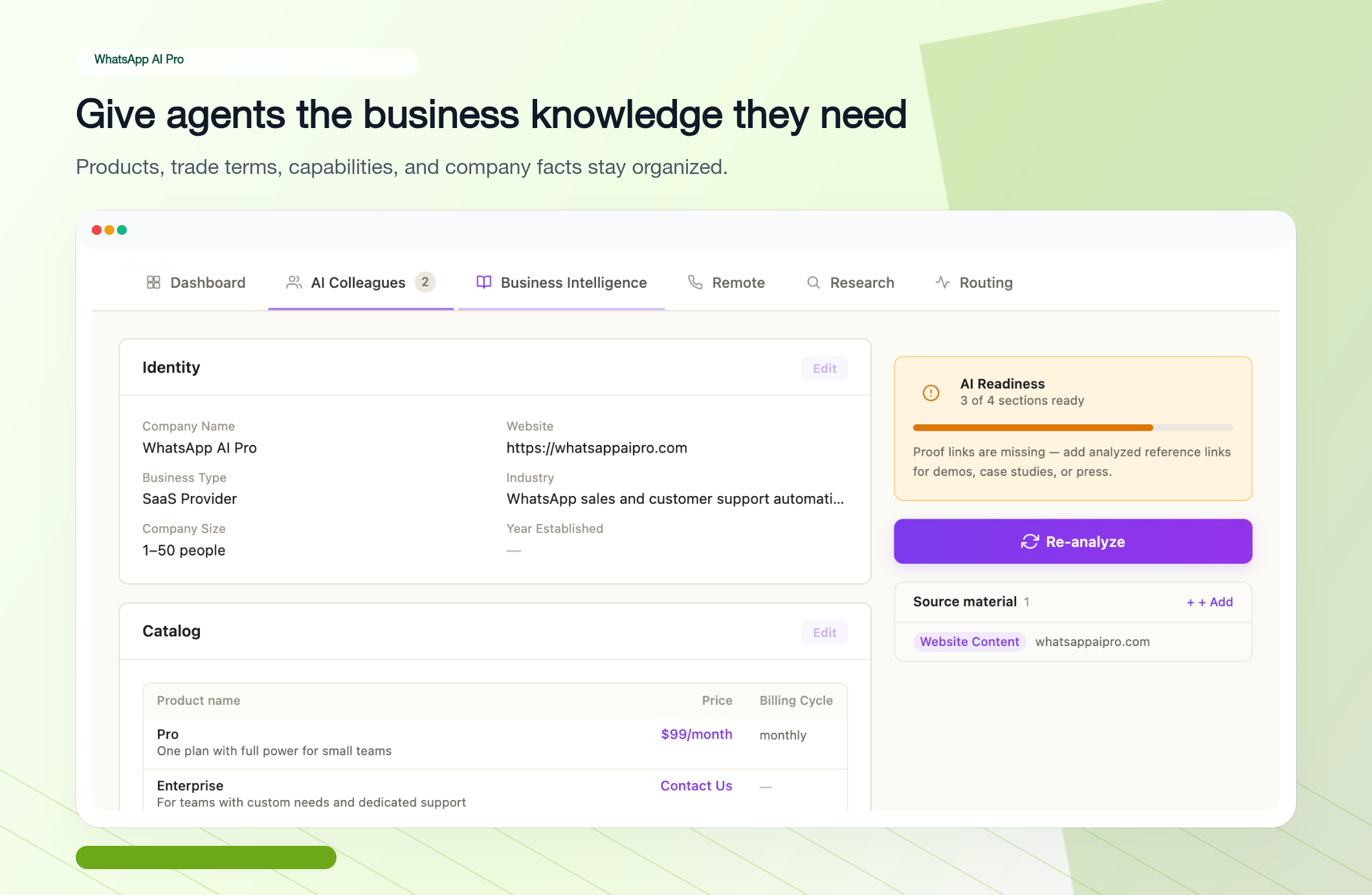Business Intelligence tab showing extracted Identity (company name, type, website, size) and Catalog (product names + prices), with an AI Readiness score on the right