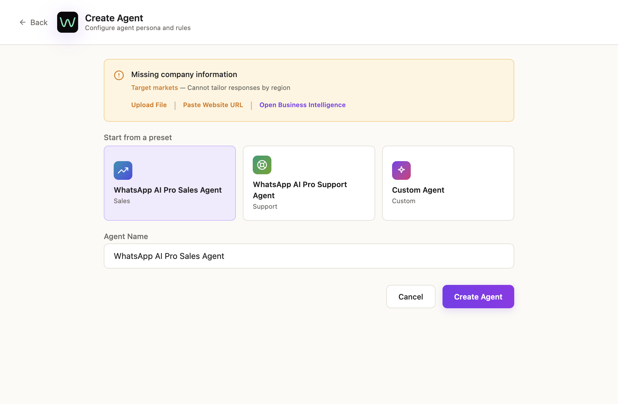 Create Agent screen with three preset cards — Sales Agent, Support Agent, Custom Agent — and an agent name field