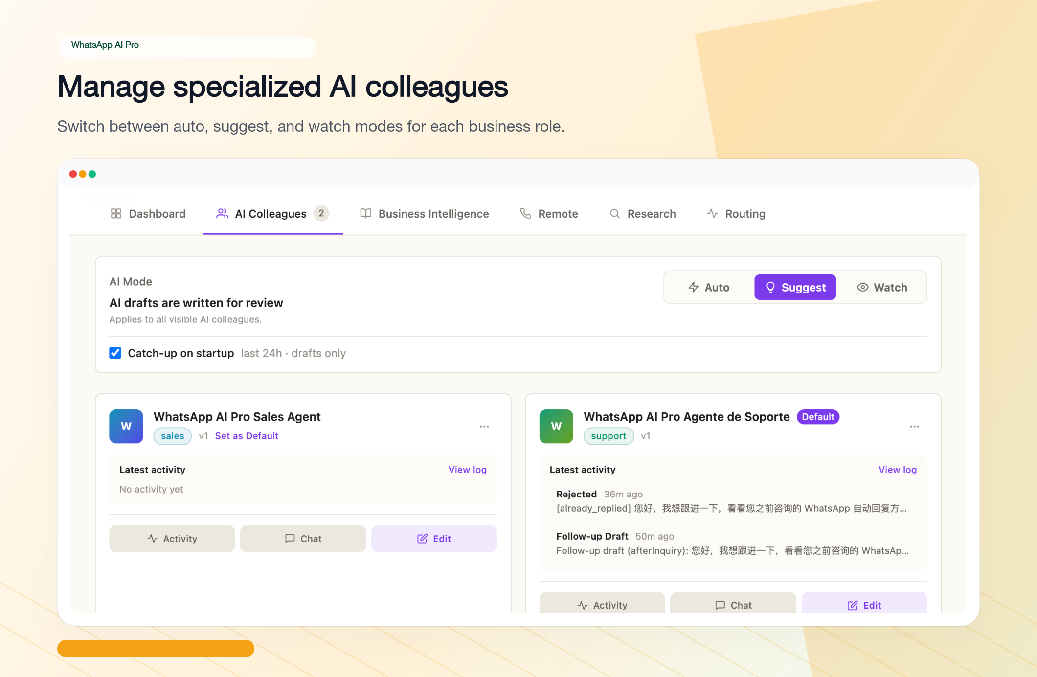 AI Colleagues tab showing the Auto / Suggest / Watch mode toggle and a list of agent cards
