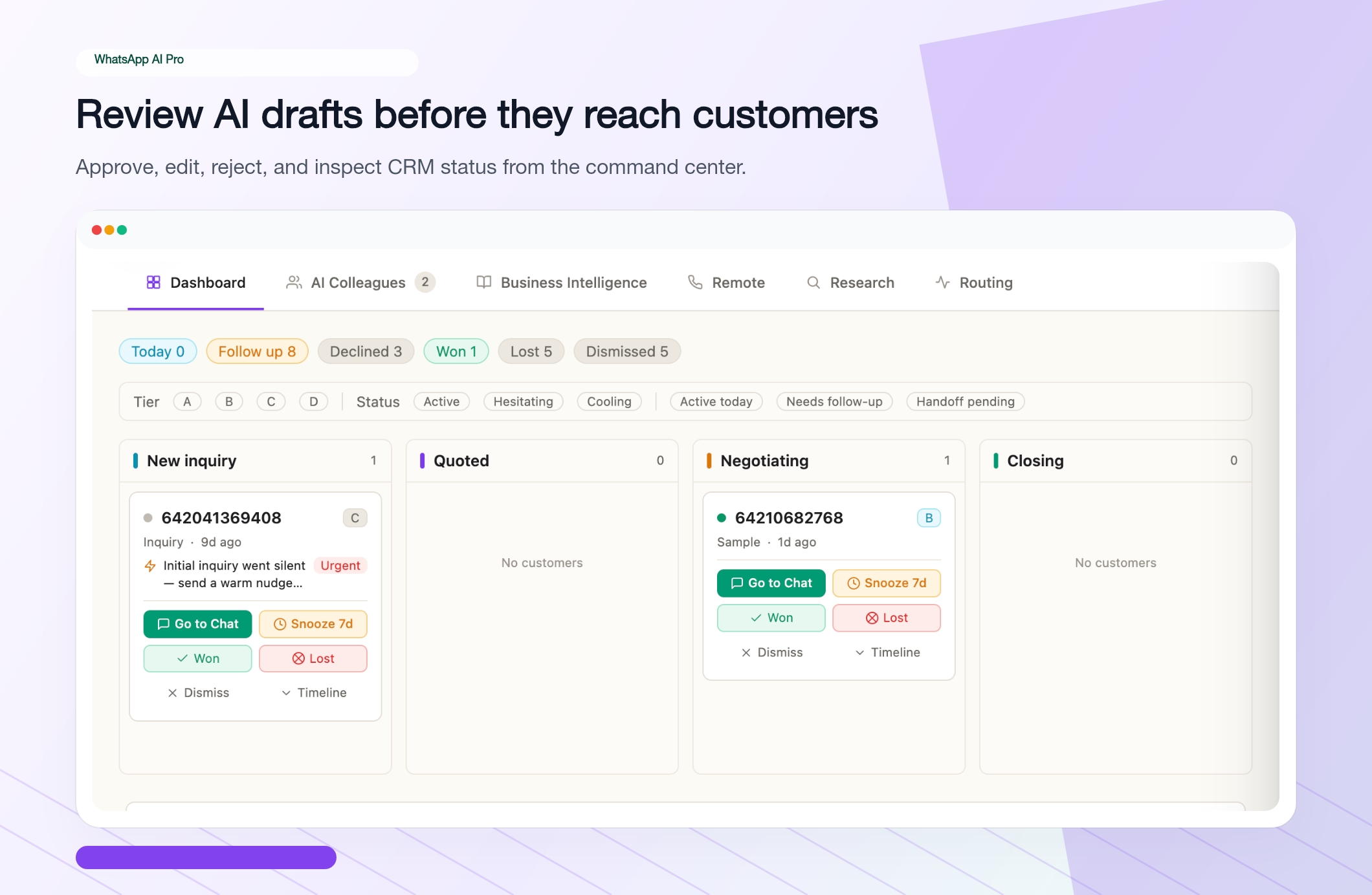 Dashboard with pipeline columns — New inquiry, Quoted, Negotiating, Closing — each holding contact cards with status chips and quick actions