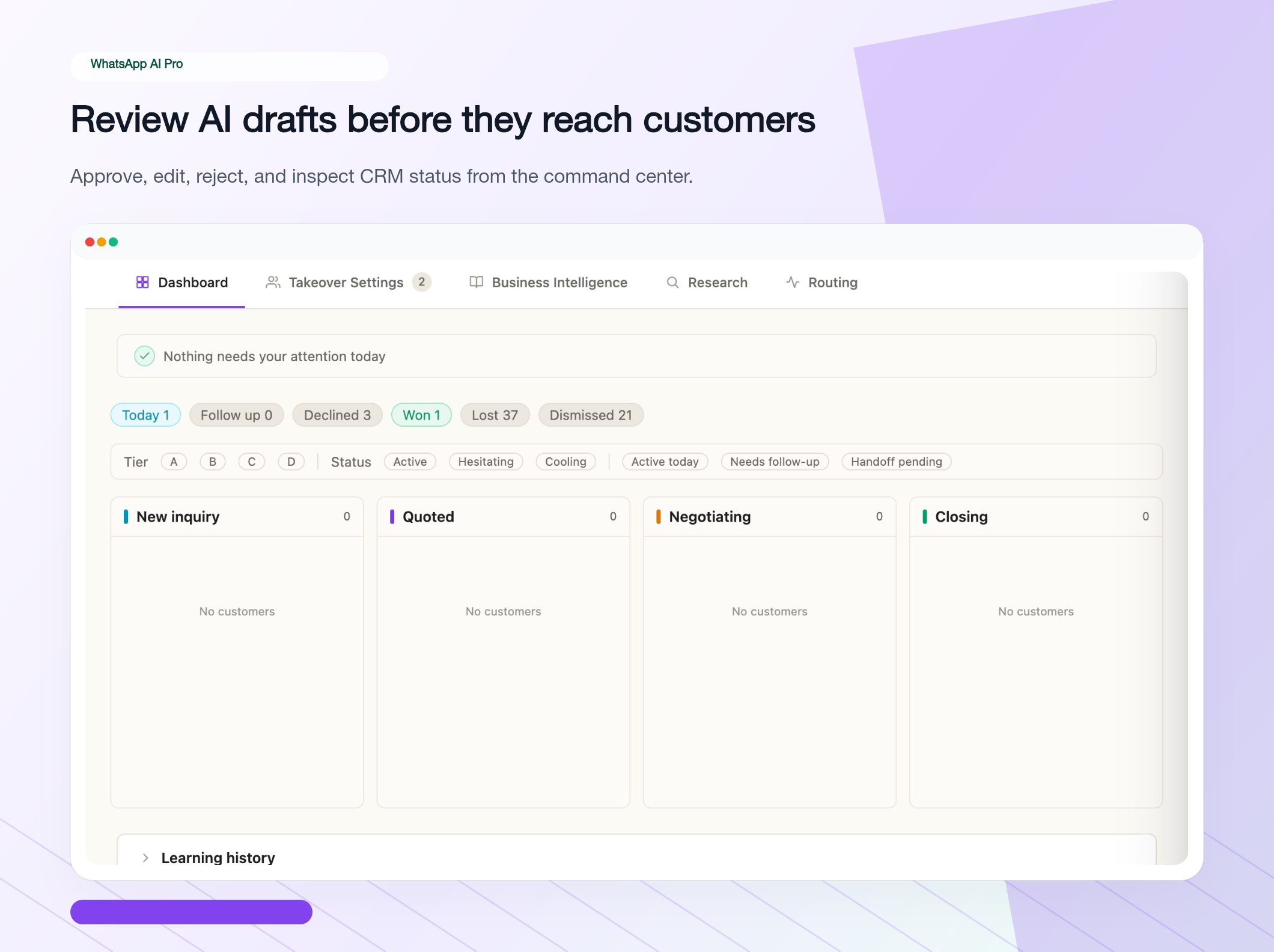 Dashboard con columnas de pipeline — Nueva consulta, Cotizado, Negociando, Cerrando — cada una con tarjetas de contacto, chips de estado y acciones rápidas
