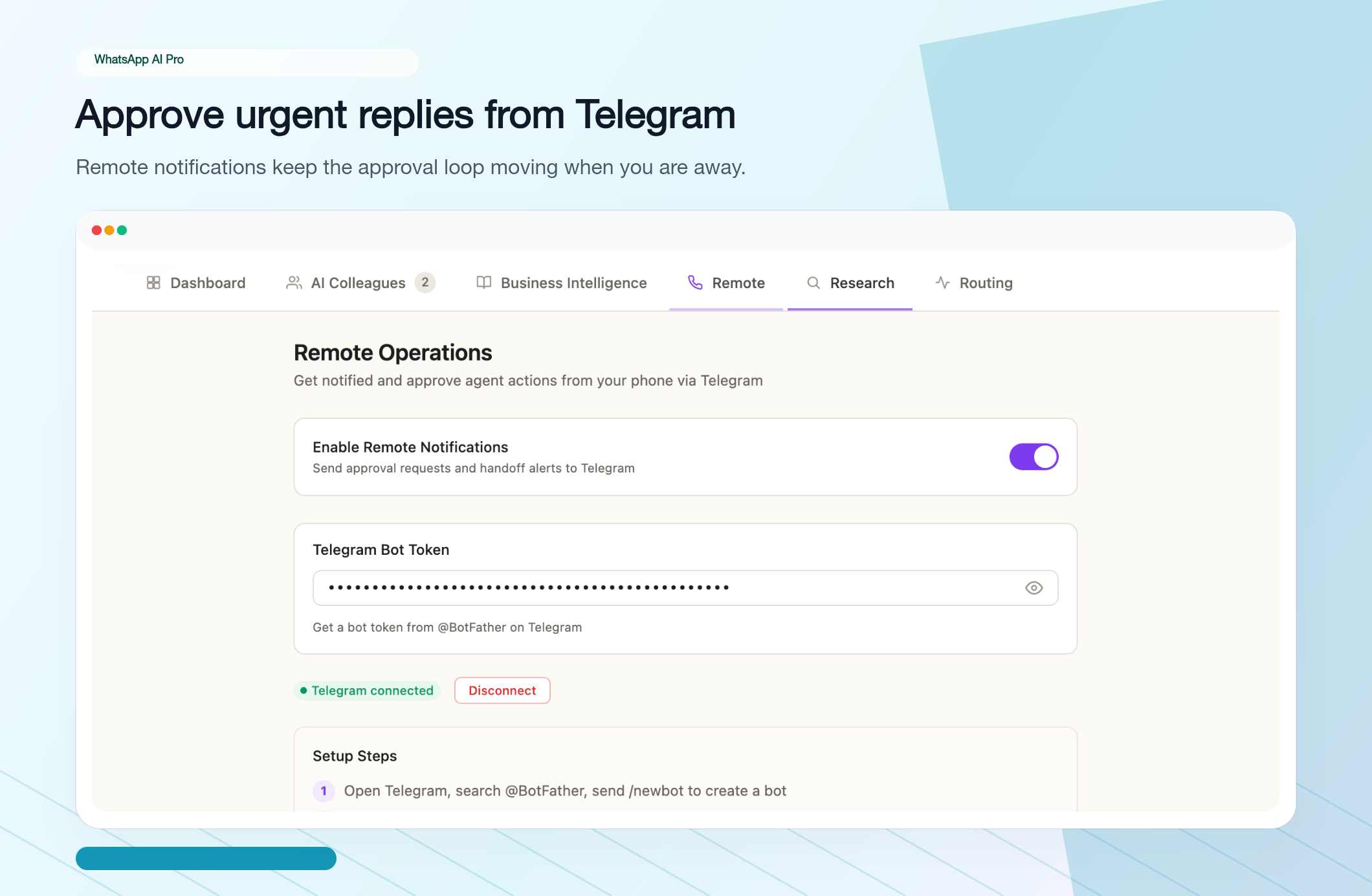 AI Nexus Remote tab — Telegram Bot Token field, enable toggle, setup steps below
