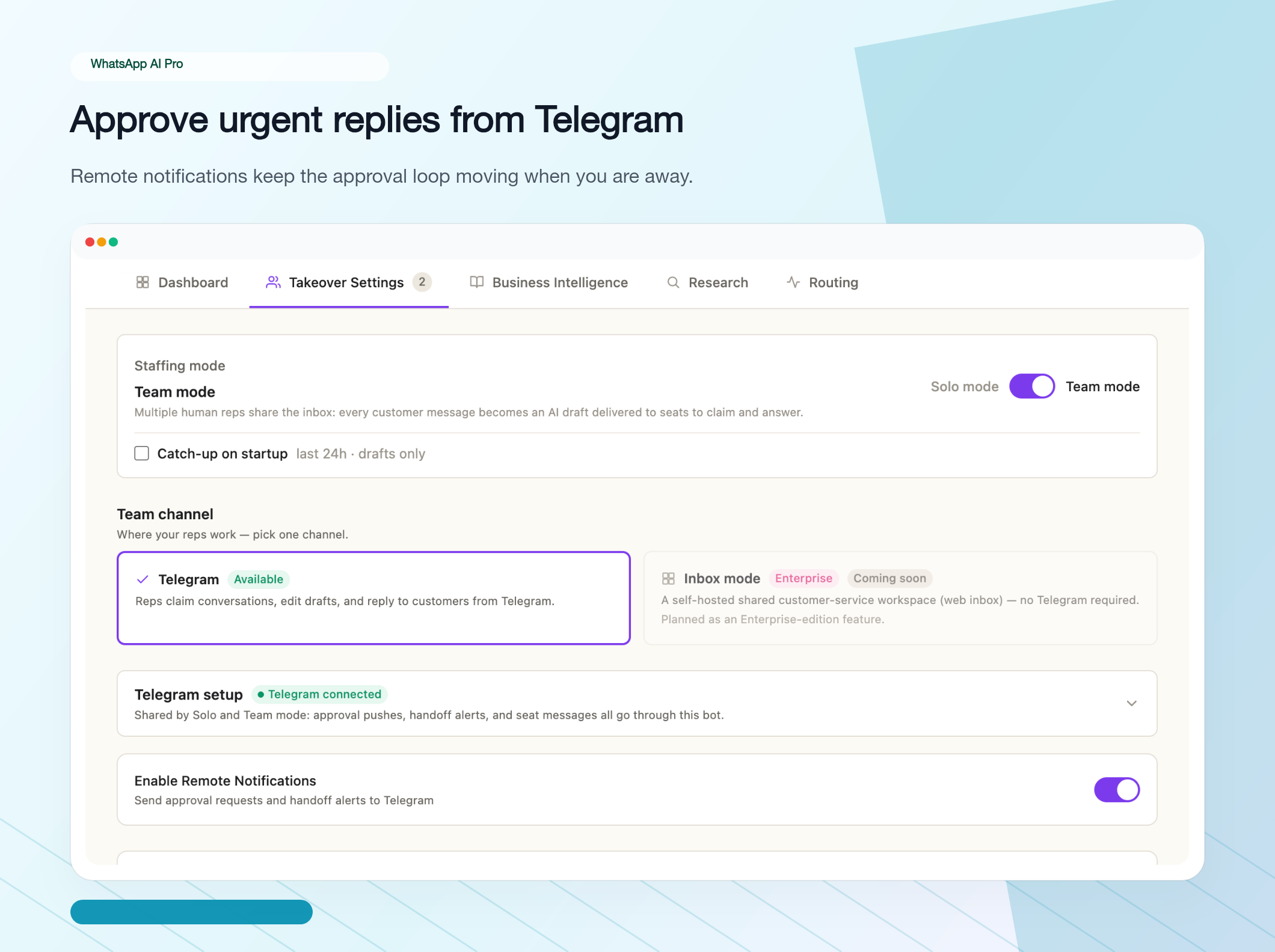 Sección de configuración de Telegram dentro de Takeover Settings — campo Telegram Bot Token, interruptor de activación y pasos de configuración debajo