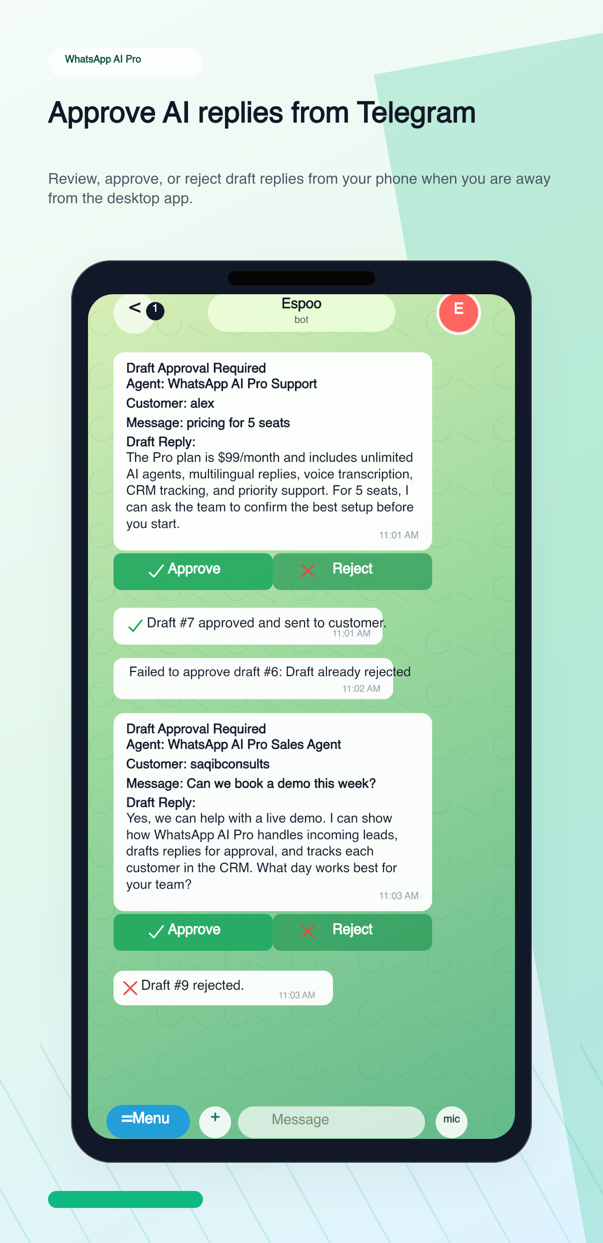 Chat de Telegram en un teléfono mostrando tarjetas de Draft Approval Required con botones verde Approve y rojo Reject