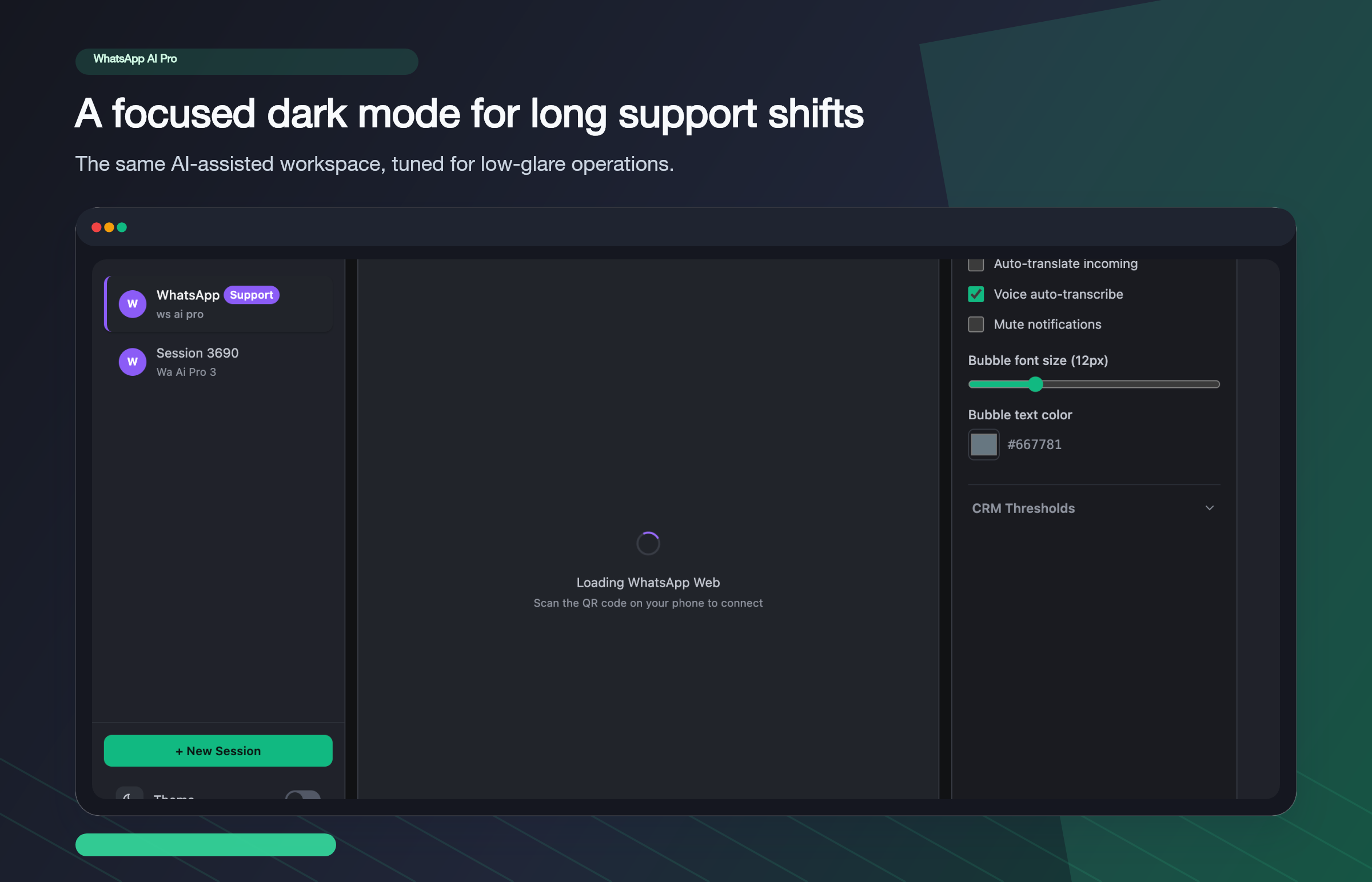 Dark mode — the same workspace tuned for low-glare operations