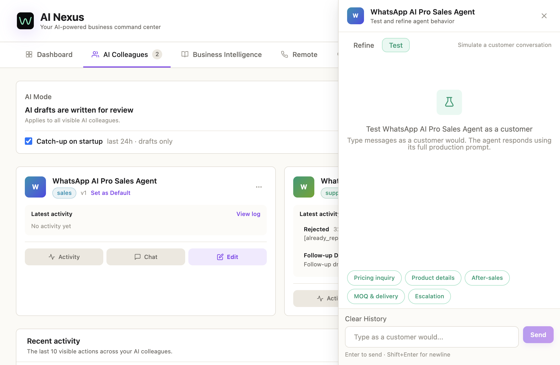Test 面板:模拟客户给 Agent 发消息,下面有 "Pricing inquiry"、"Product details"、"After-sales"、"MOQ & delivery"、"Escalation" 等场景词条