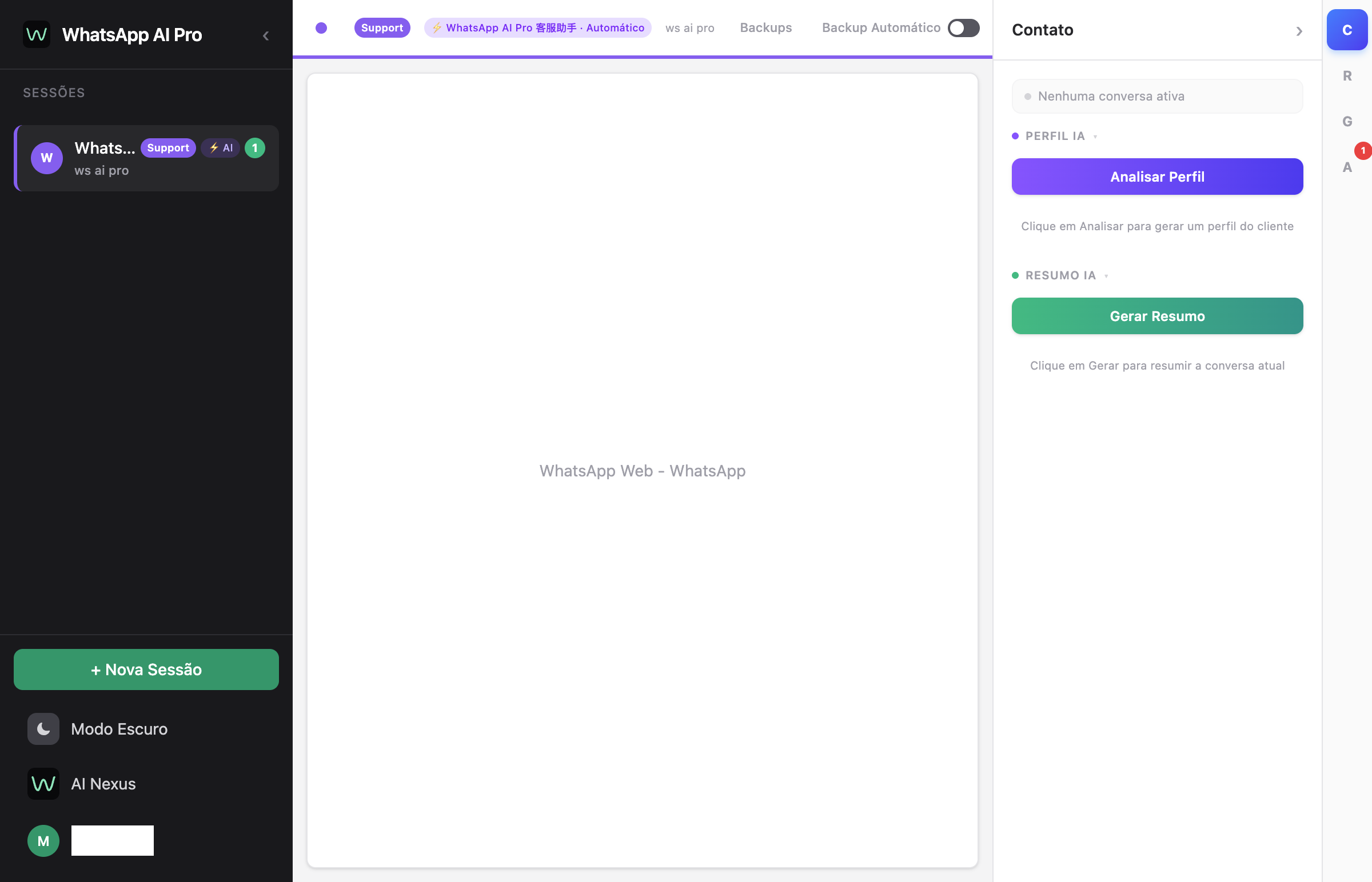 Interface principal do WhatsApp AI Pro mostrando lista de conversas, sessões na barra lateral e painel de contato