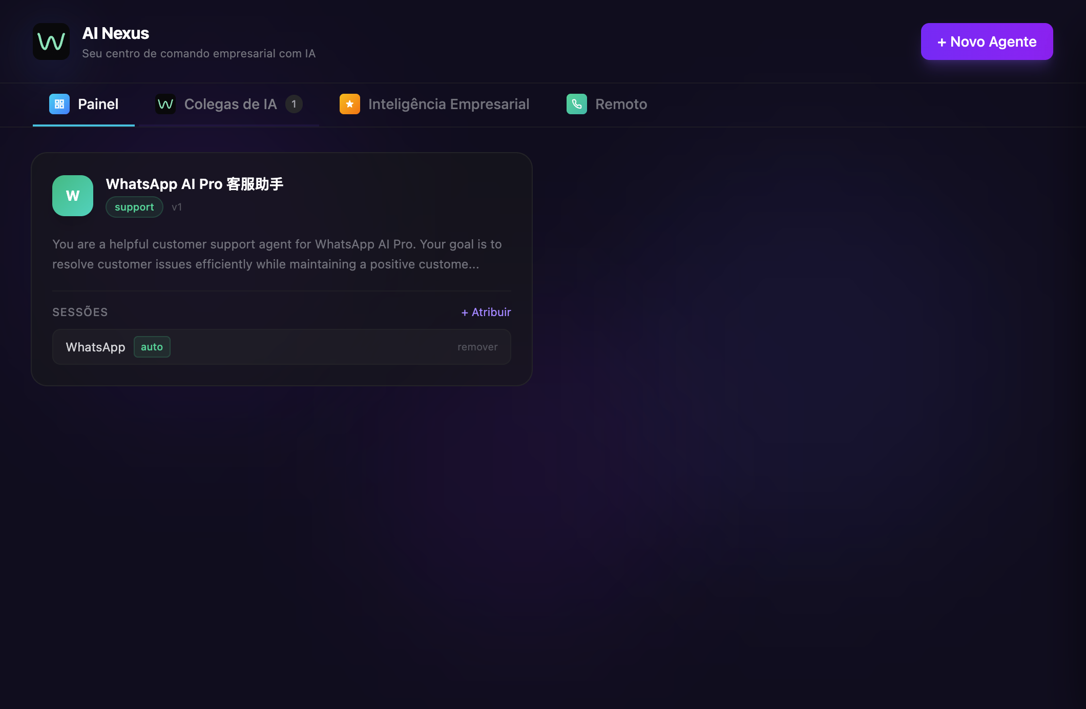 Painel de gerenciamento de assistentes IA