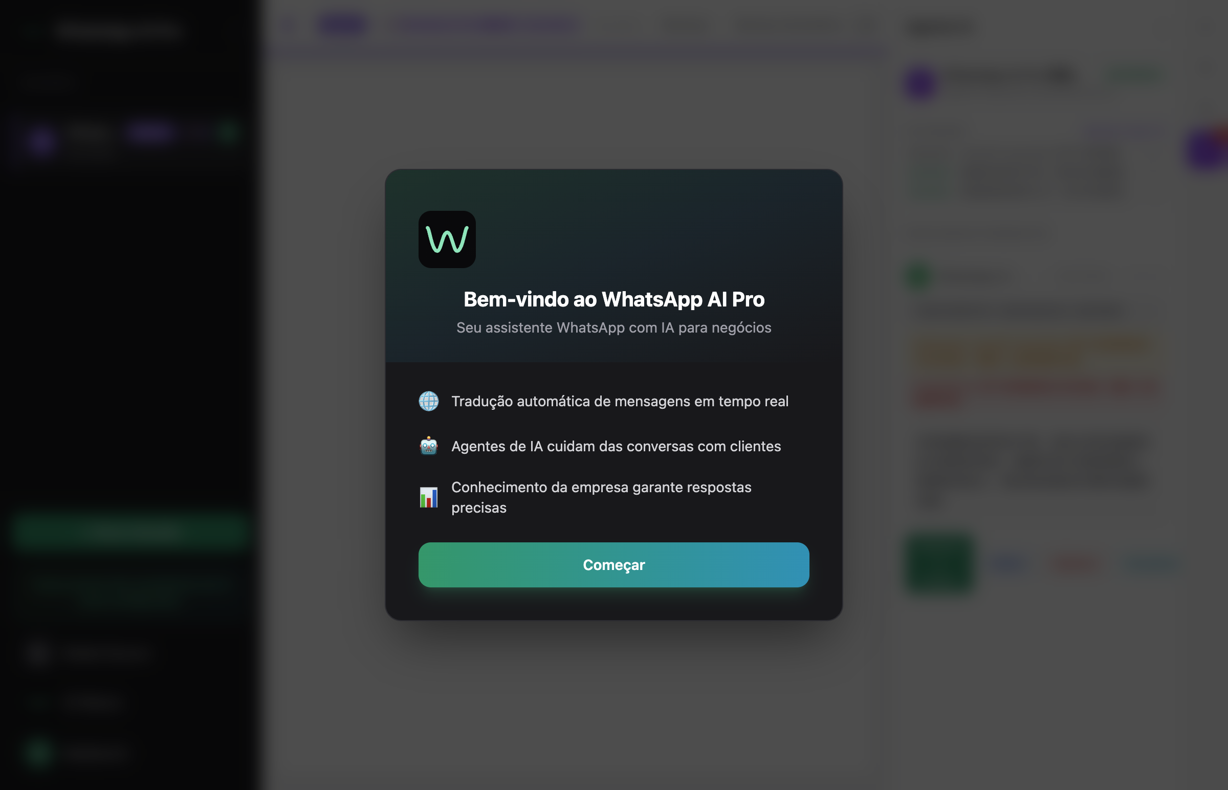 Tela de boas-vindas do WhatsApp AI Pro — escaneie e comece