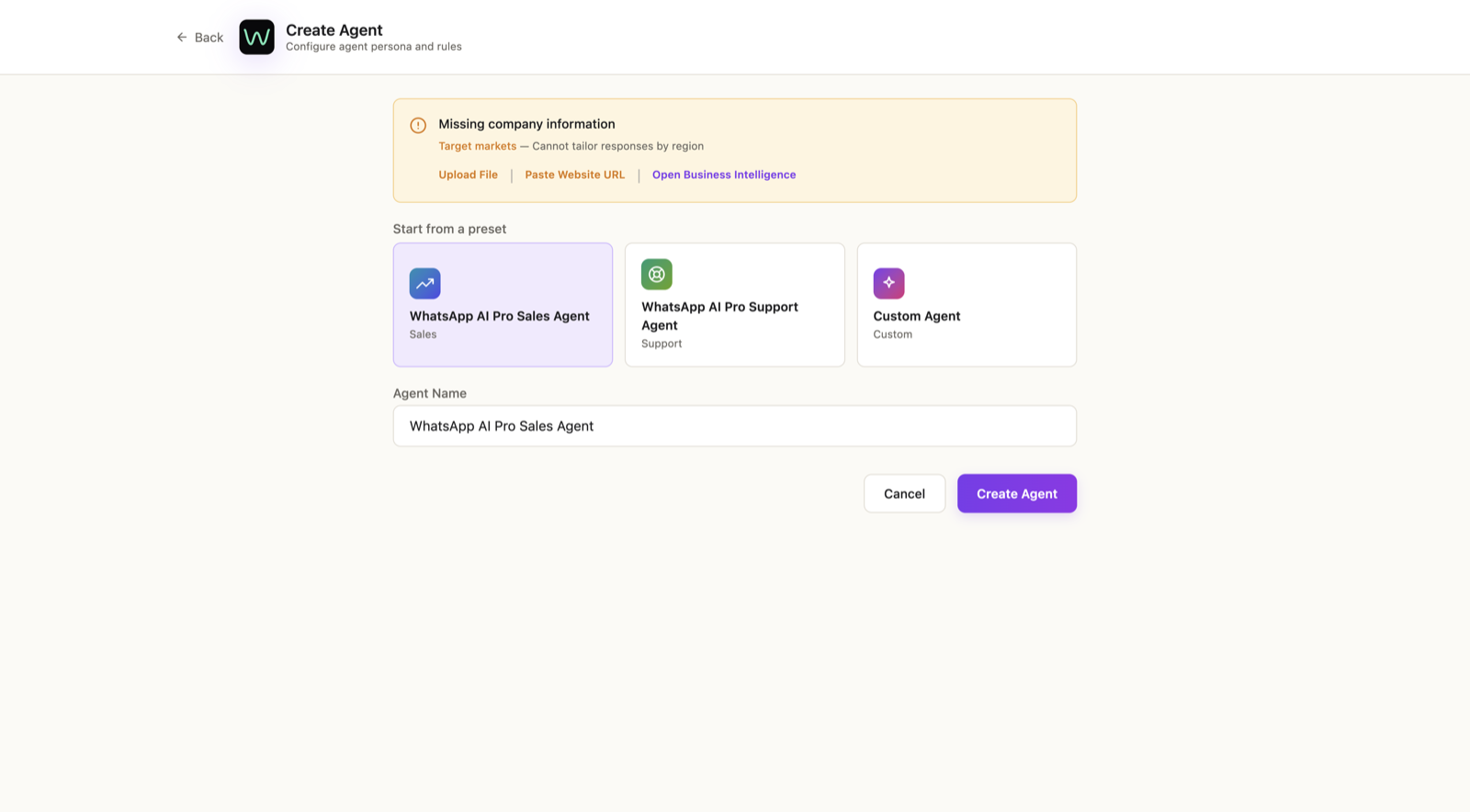 The Create Agent screen — Sales Agent, Support Agent, and Custom Agent preset cards with a name field