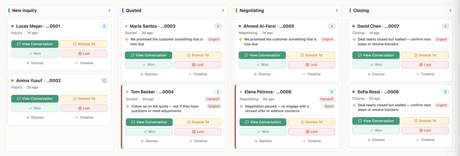 The CRM board — New inquiry, Quoted, Negotiating, Closing columns with customer cards