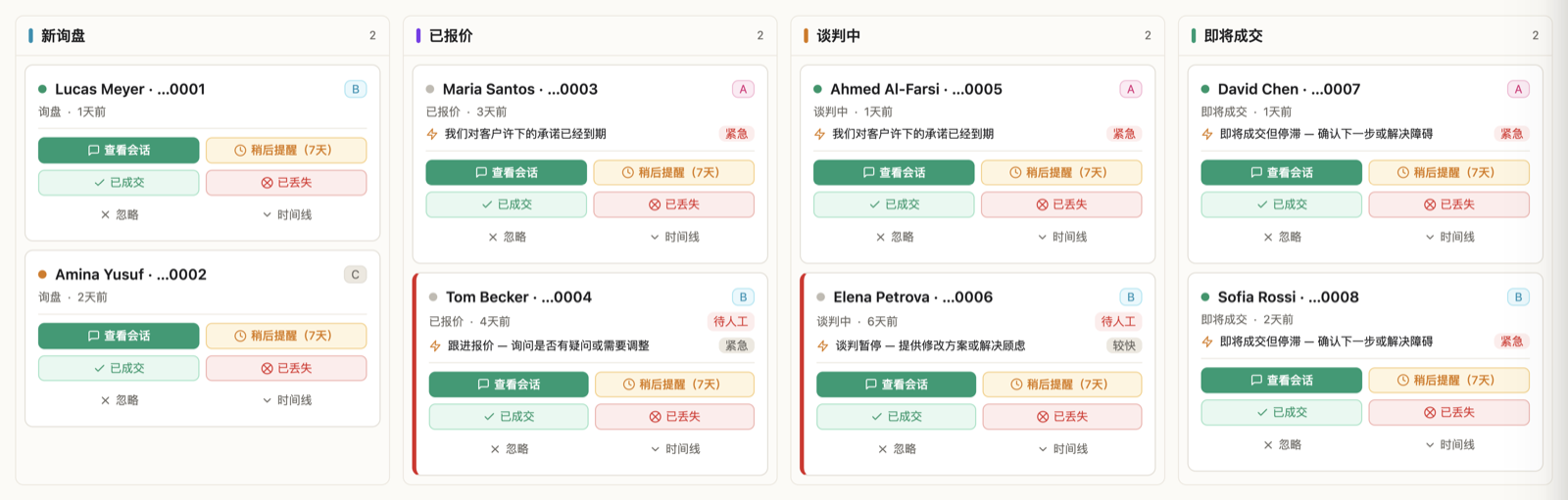 CRM 看板:新询盘、已报价、谈判中、即将成交四列客户卡片