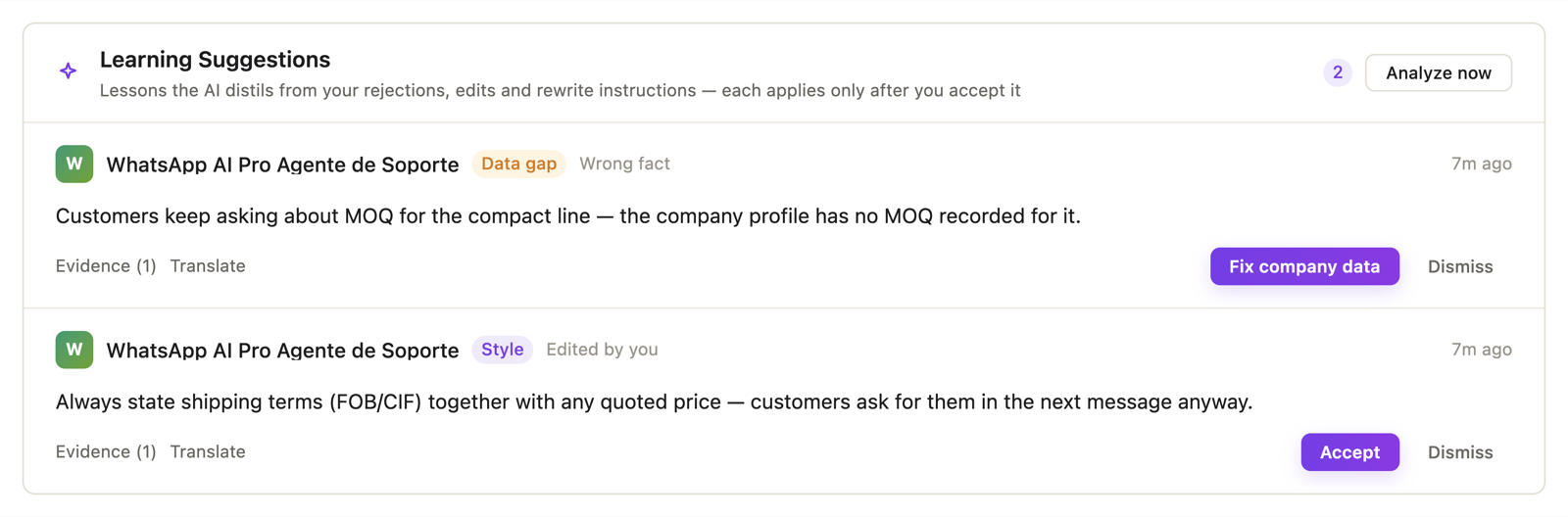 The Learning Suggestions card — proposed lessons with Accept and Dismiss buttons, each showing its evidence