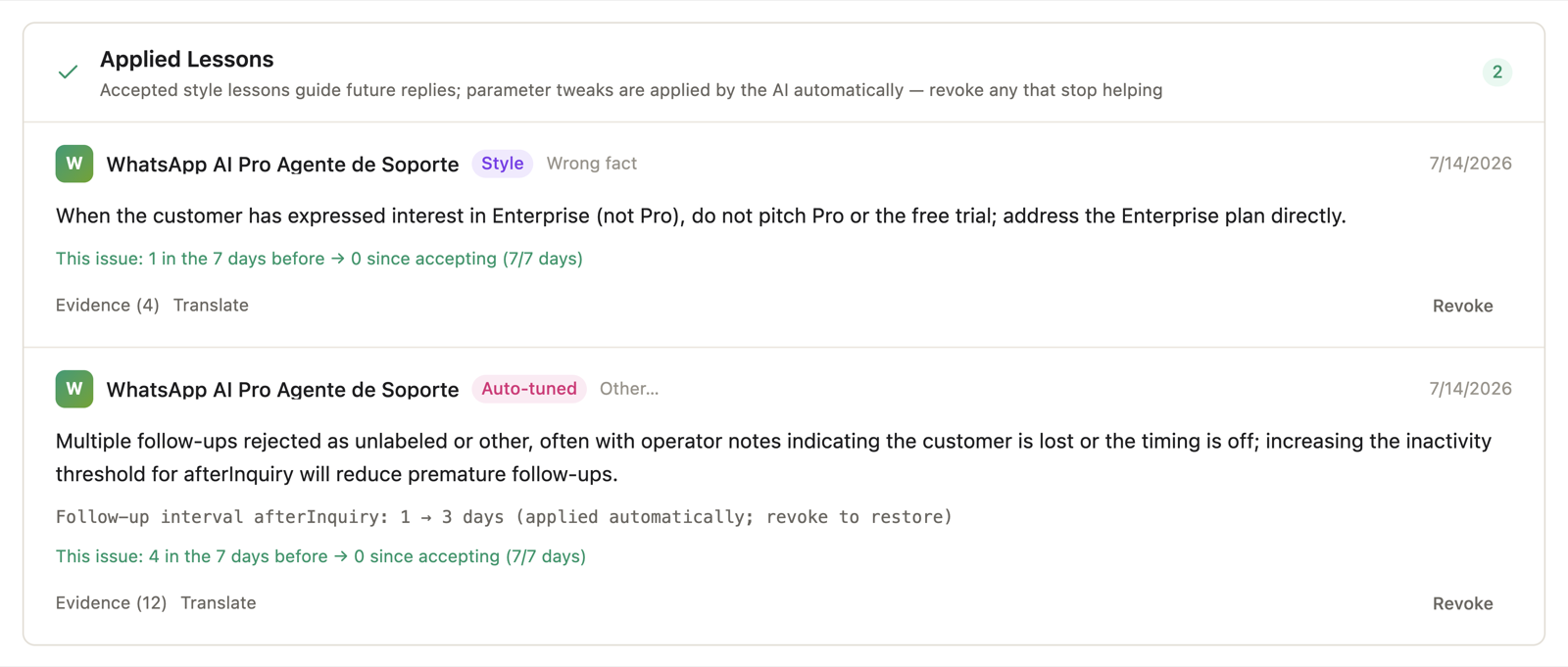 The Applied Lessons list — accepted lessons with type pills, effect lines, and Revoke buttons