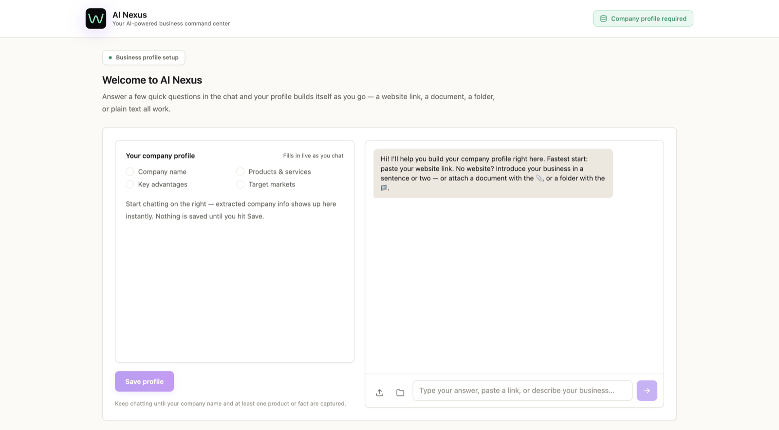 The AI Nexus setup chat building a company profile from your answers, with the profile panel filling in live