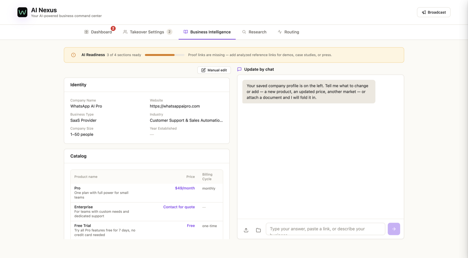 Business Intelligence tab with the extracted company profile — products, prices, terms — and AI Readiness hints on what's missing