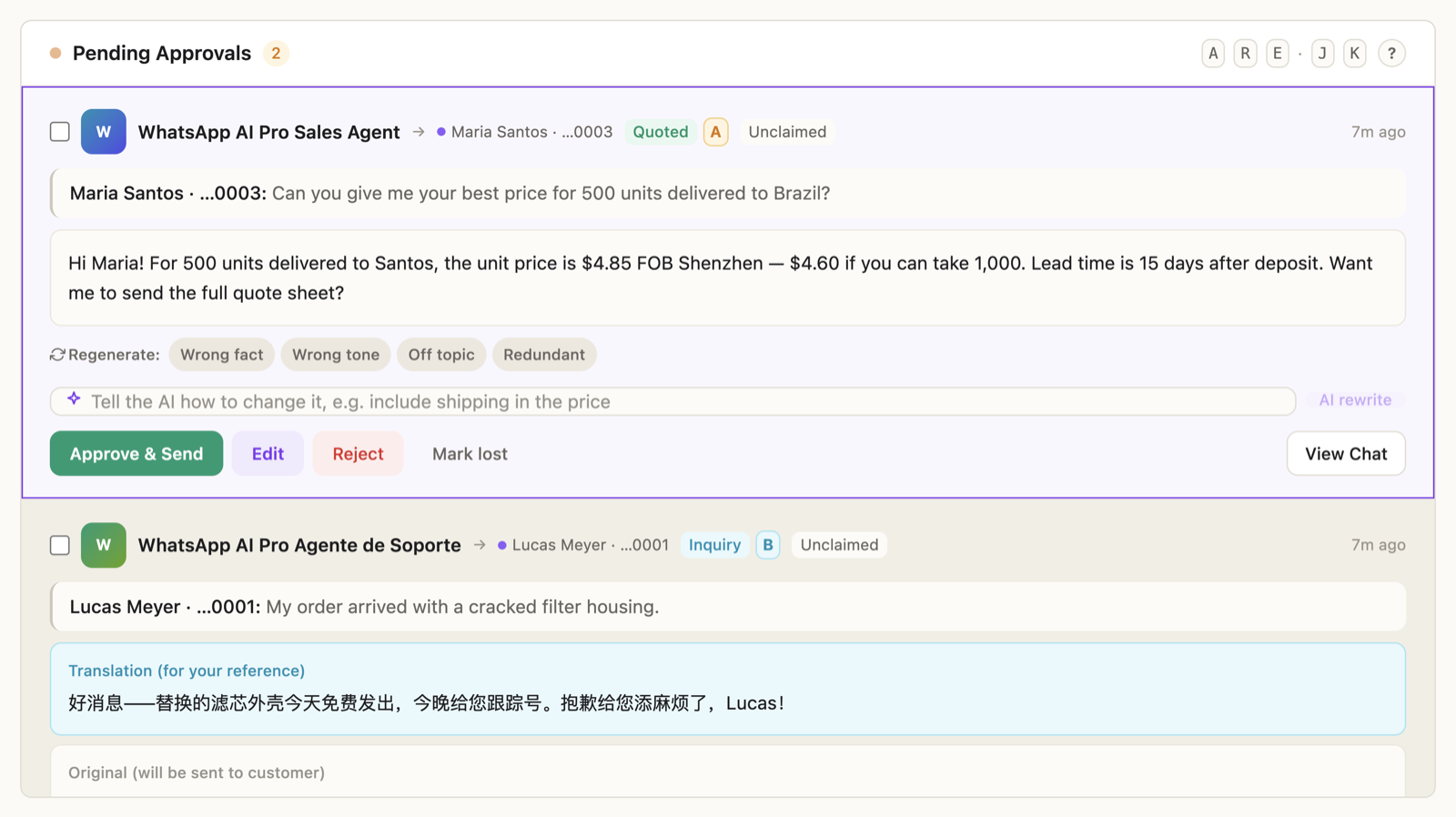 A pending AI draft with Approve & Send, Edit, and Reject buttons