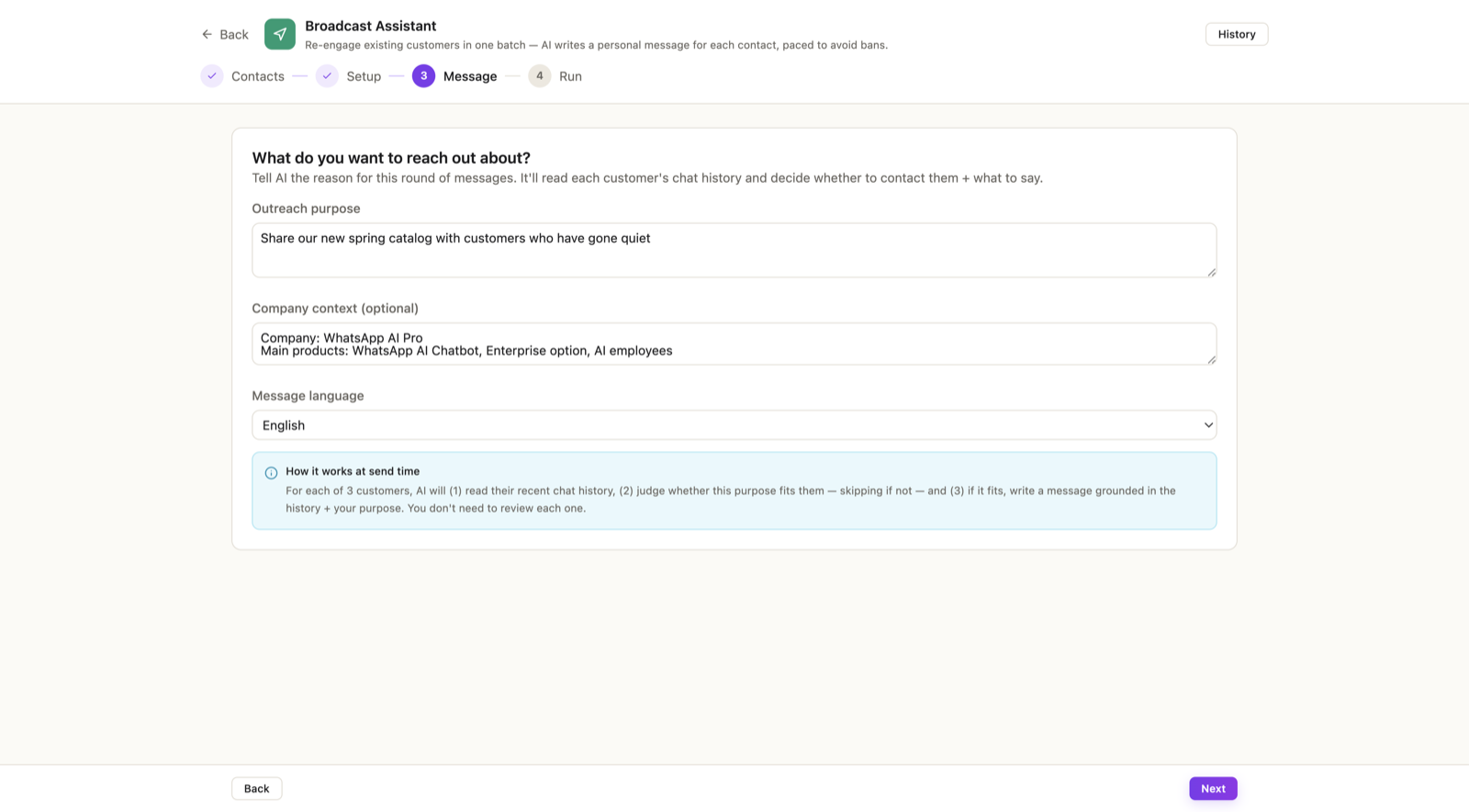 The Message step — the outreach purpose field with a hint explaining the AI reads each customer's history