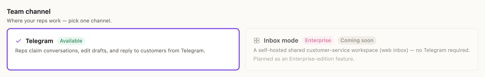 The Team channel picker — Telegram marked Available, Inbox mode marked Enterprise and Coming soon