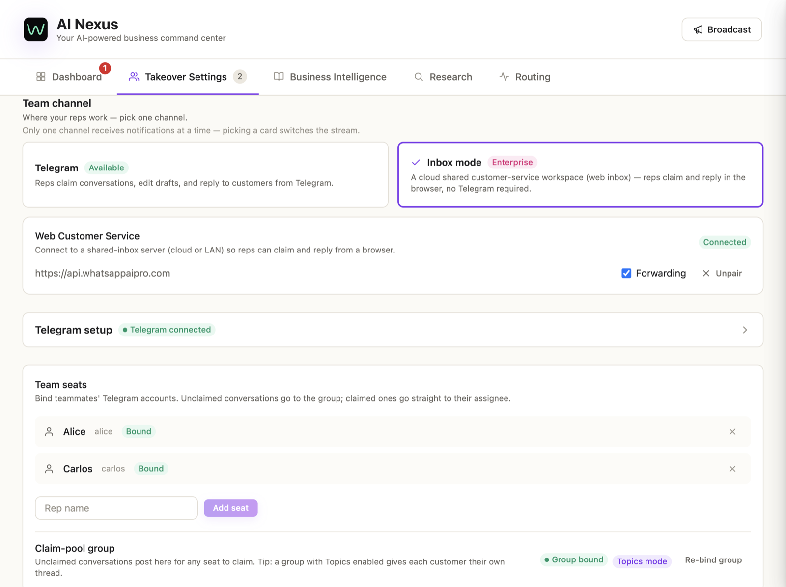 The desktop Web Customer Service panel — server address, pairing code field, and the Pair button