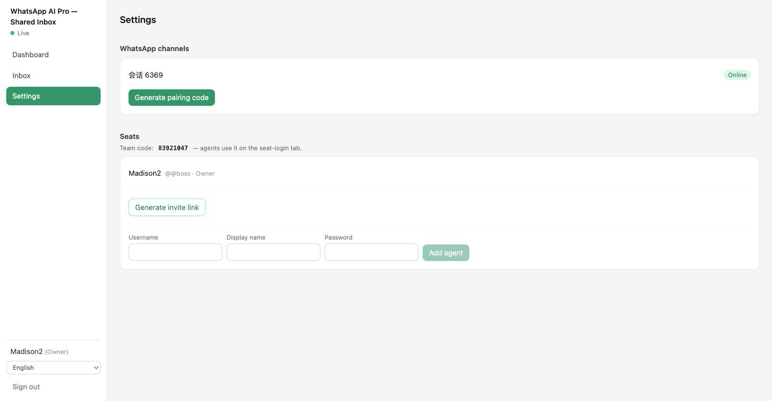 The web Settings page — WhatsApp channels, pairing code, seats, and the team code