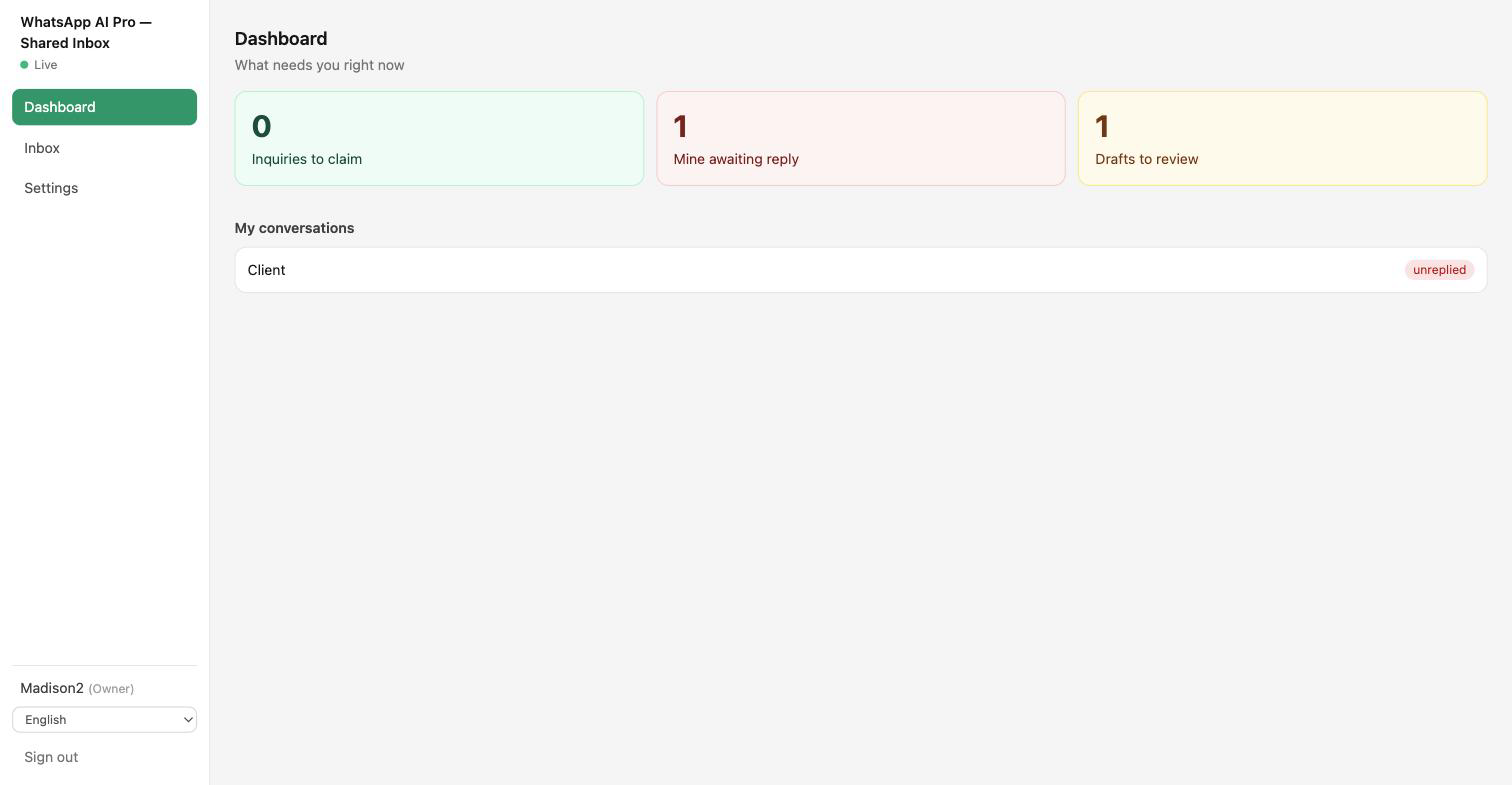 The Dashboard — three action queues, with my conversation list below