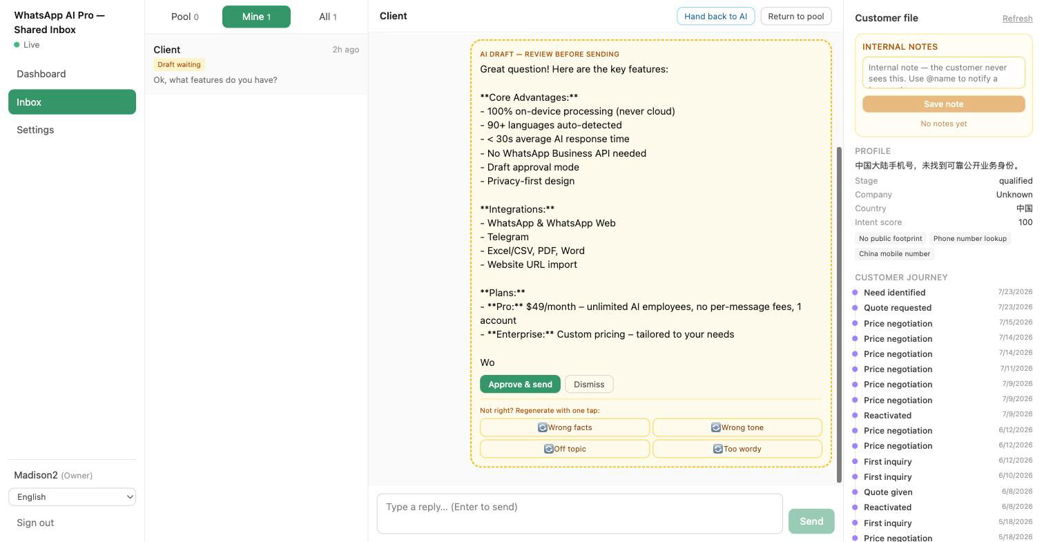 The conversation view — chat history with translations, customer file on the right, and the AI draft card with Approve & send and regenerate chips