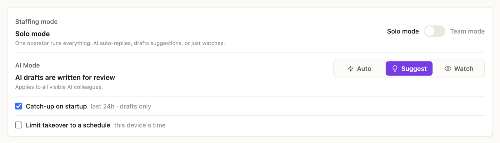 The AI Mode switch in Solo — Auto, Suggest, and Watch options with the staffing toggle above
