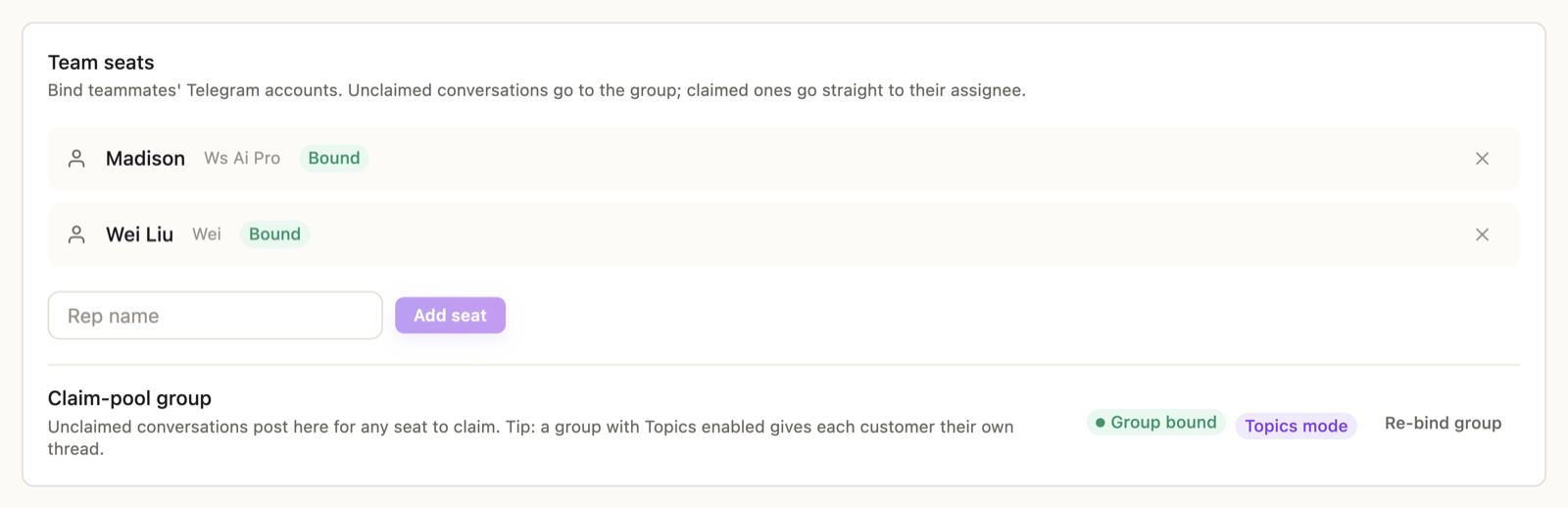The Team seats panel — reps with Bound status, plus the claim-pool group binding below