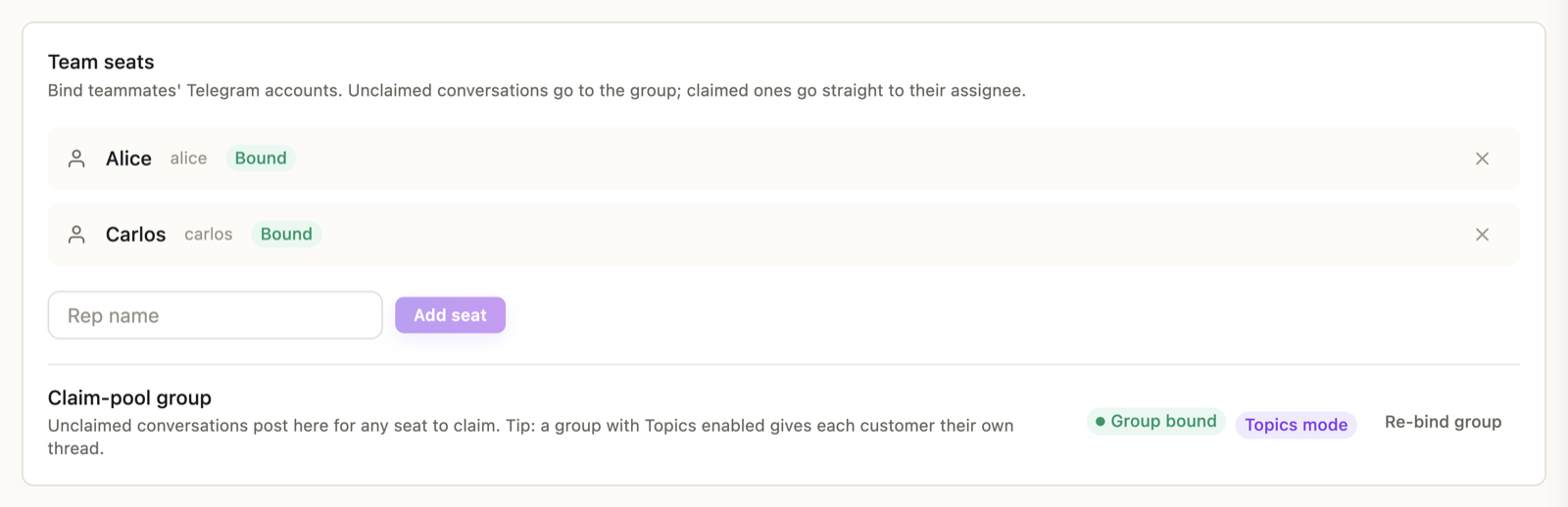 The Team seats panel — reps with Bound status, plus the claim-pool group binding below