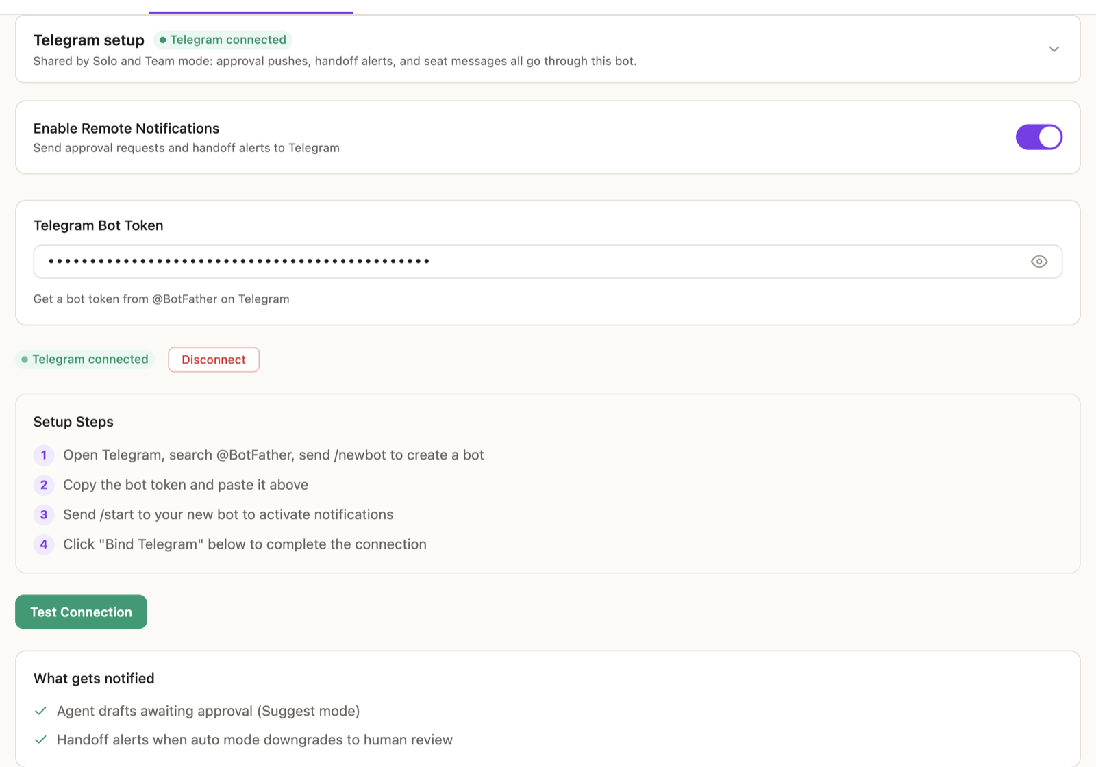 The Telegram setup section — bot token field, enable toggle, and the four setup steps