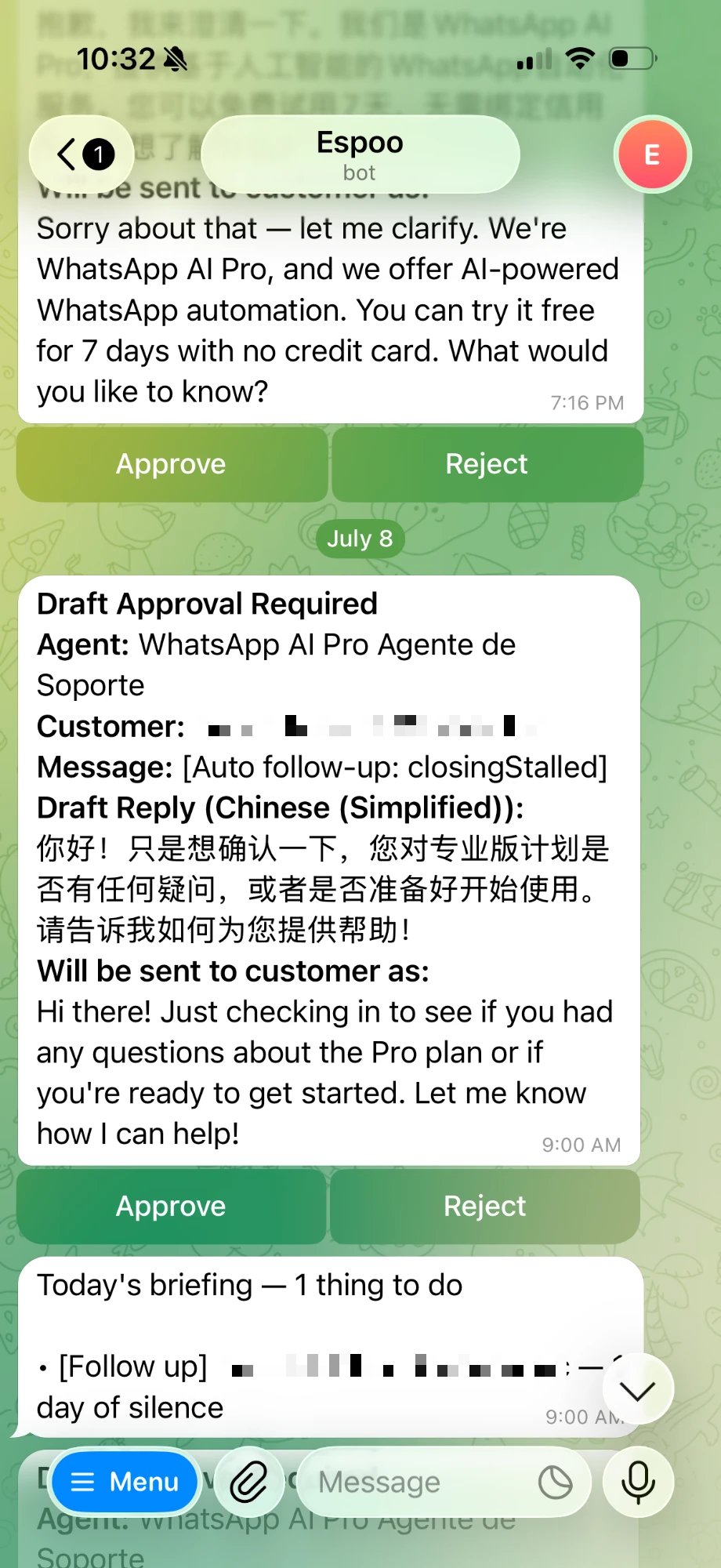 A draft approval on the phone — customer message, the AI draft shown in your language and the customer's, with Approve and Reject buttons