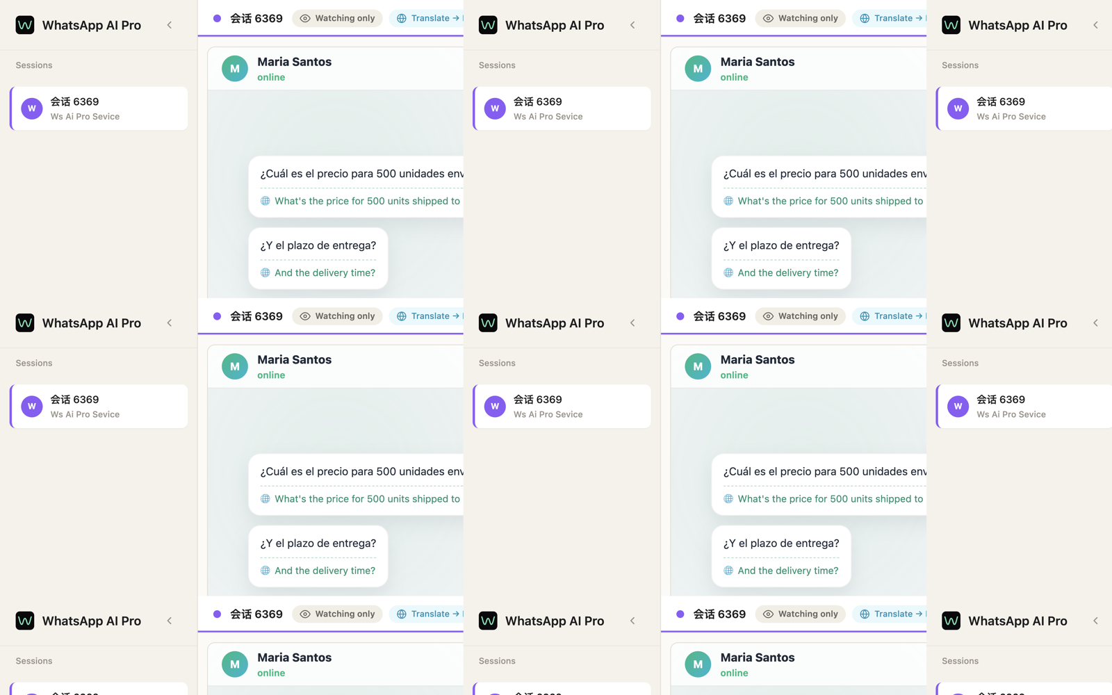 A conversation with foreign-language messages, each with its translation shown underneath, and the Translate badge in the session header