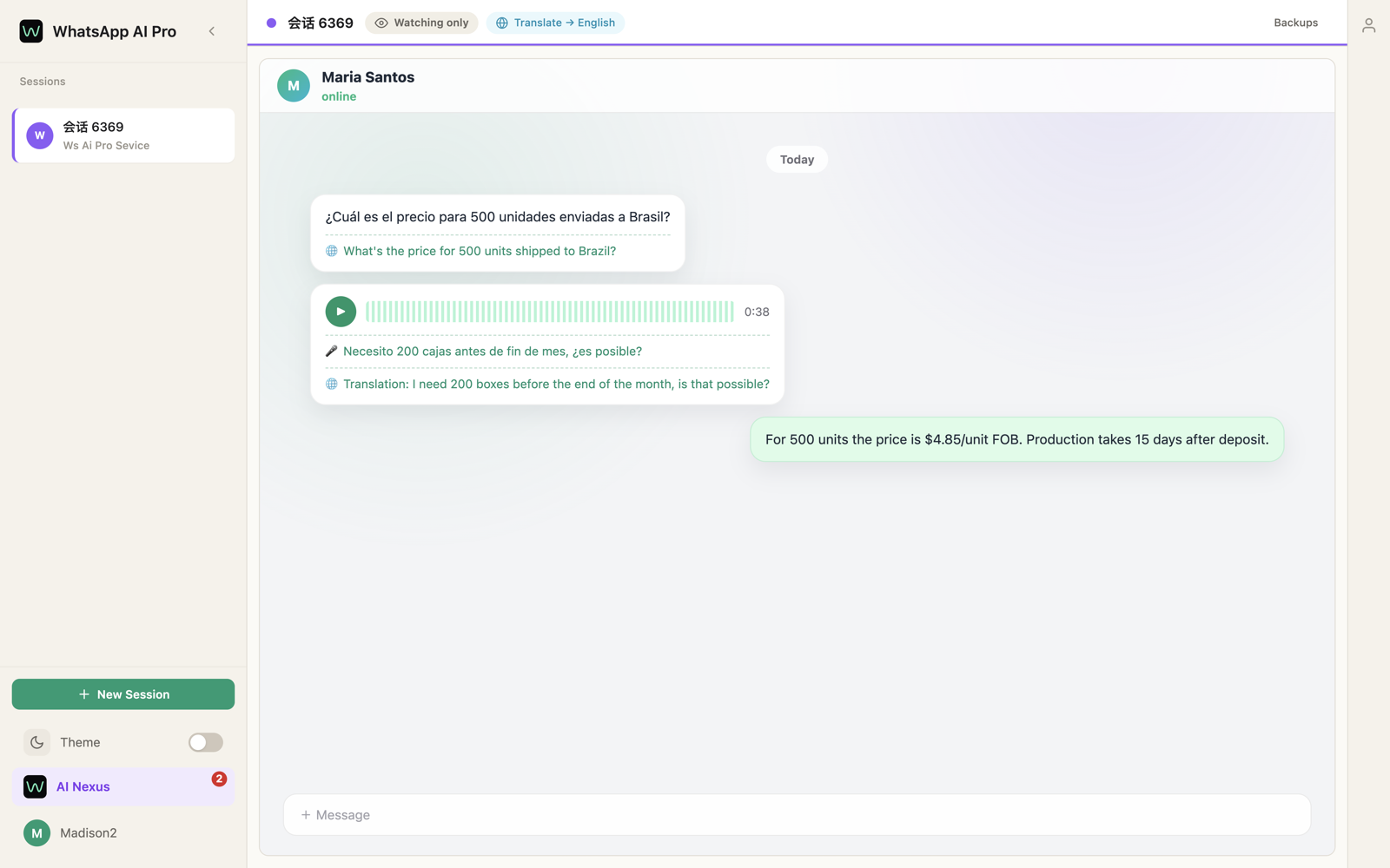 A voice message with its automatic transcript and translation shown below the audio player