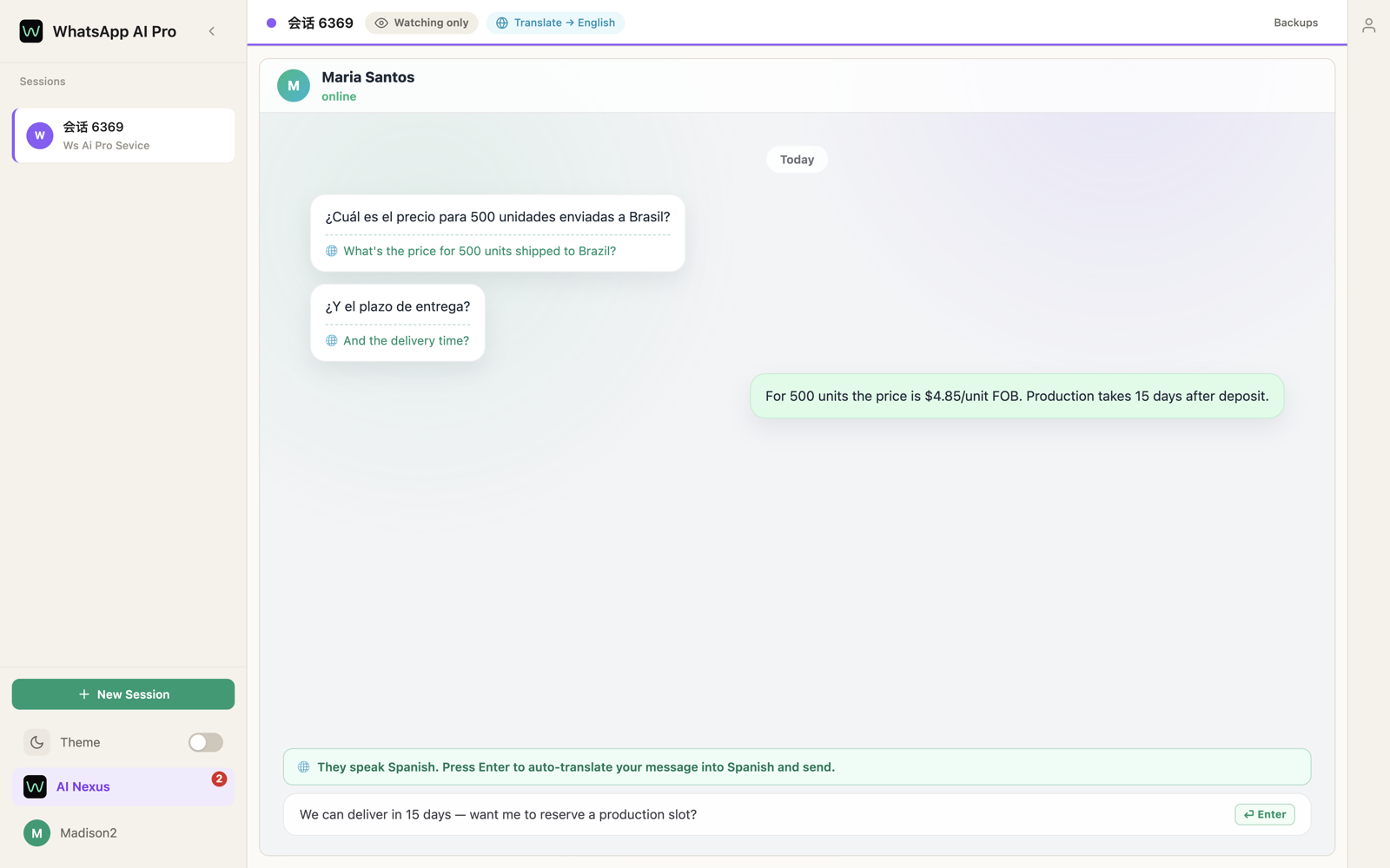 The green hint bar above the message box — "They speak Spanish. Press Enter to auto-translate your message into Spanish and send."