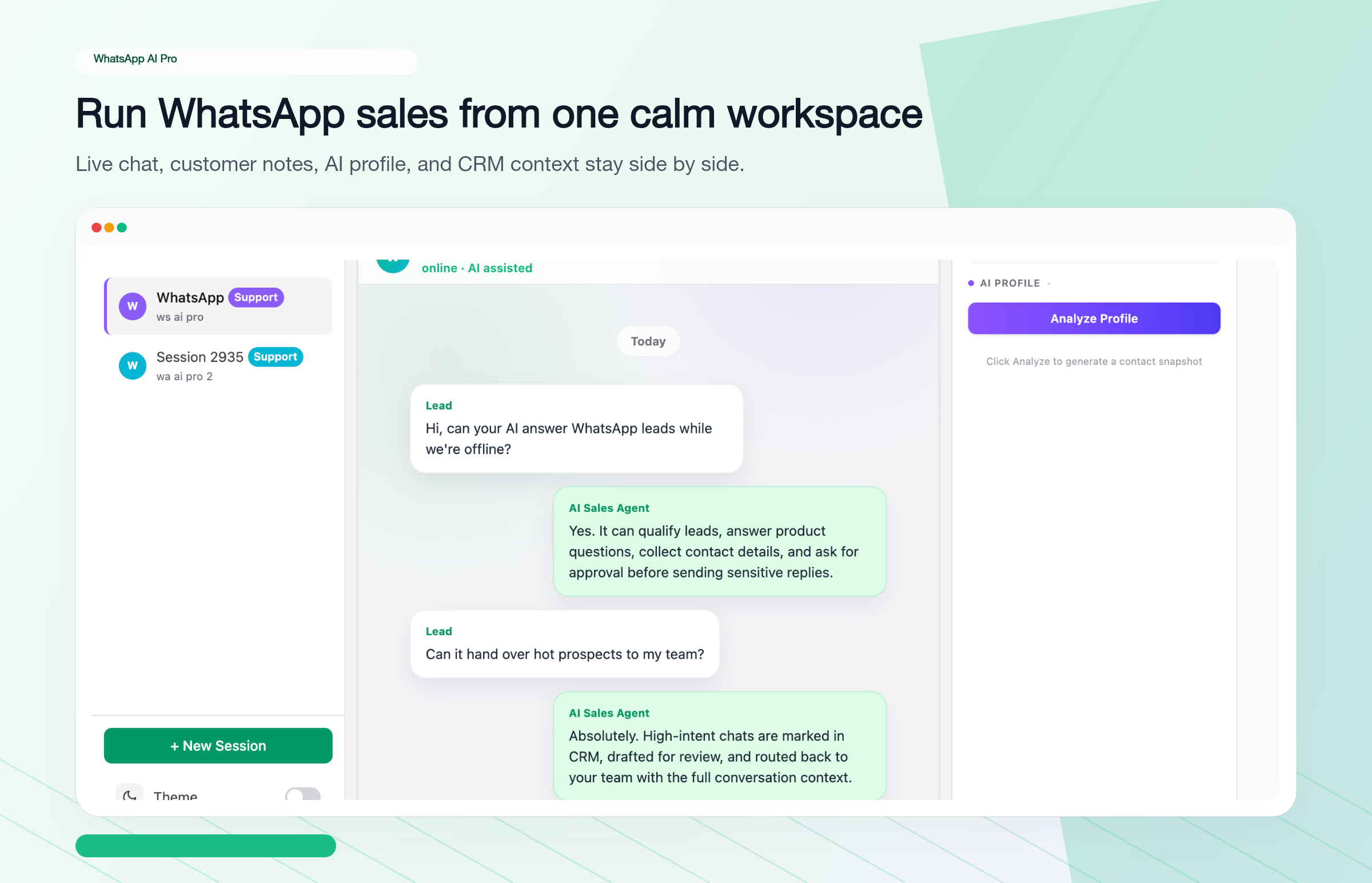 WhatsApp AI Pro main interface showing conversation list and AI-powered replies