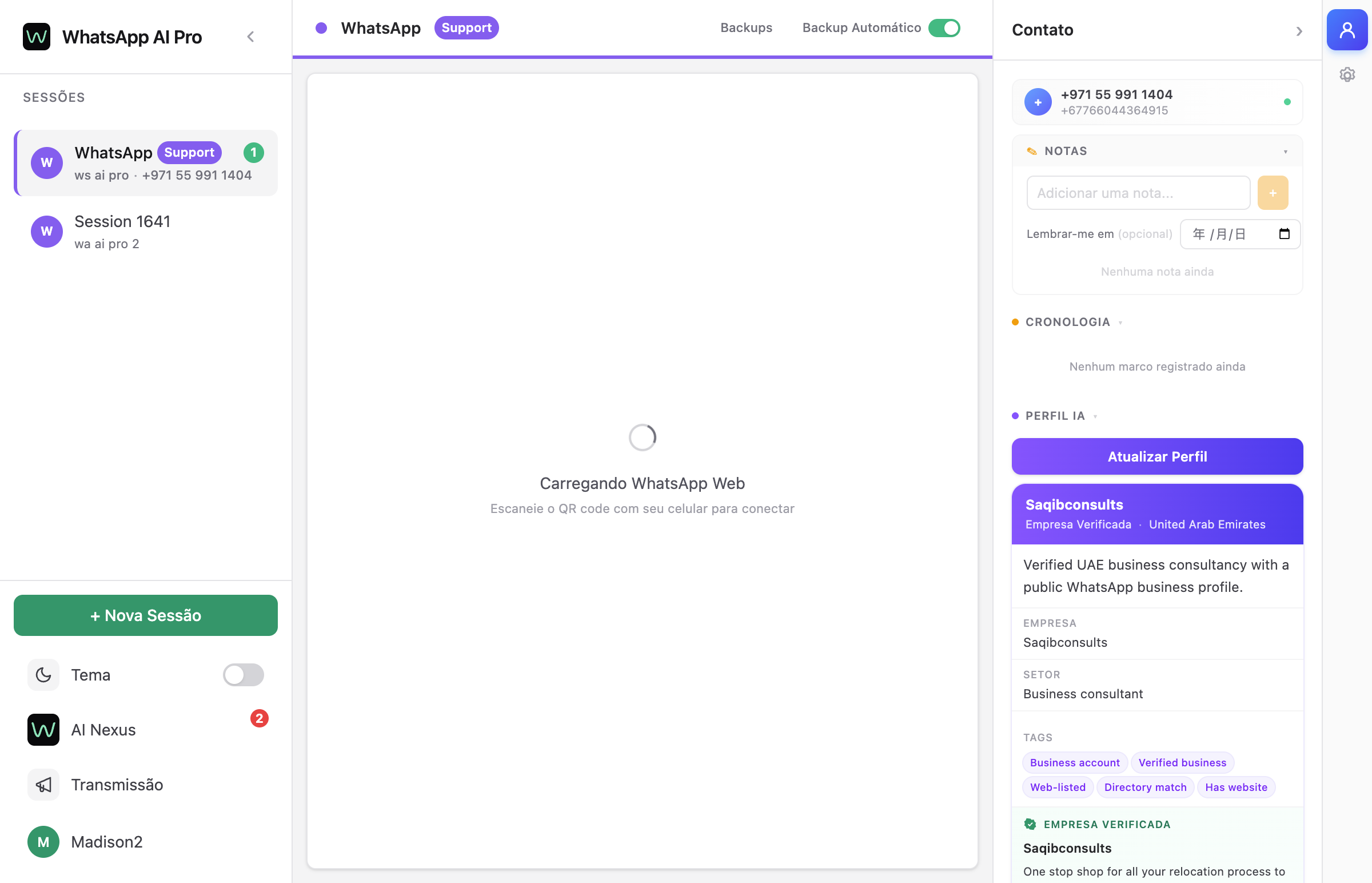Interface principal do WhatsApp AI Pro mostrando a lista de conversas e respostas com IA